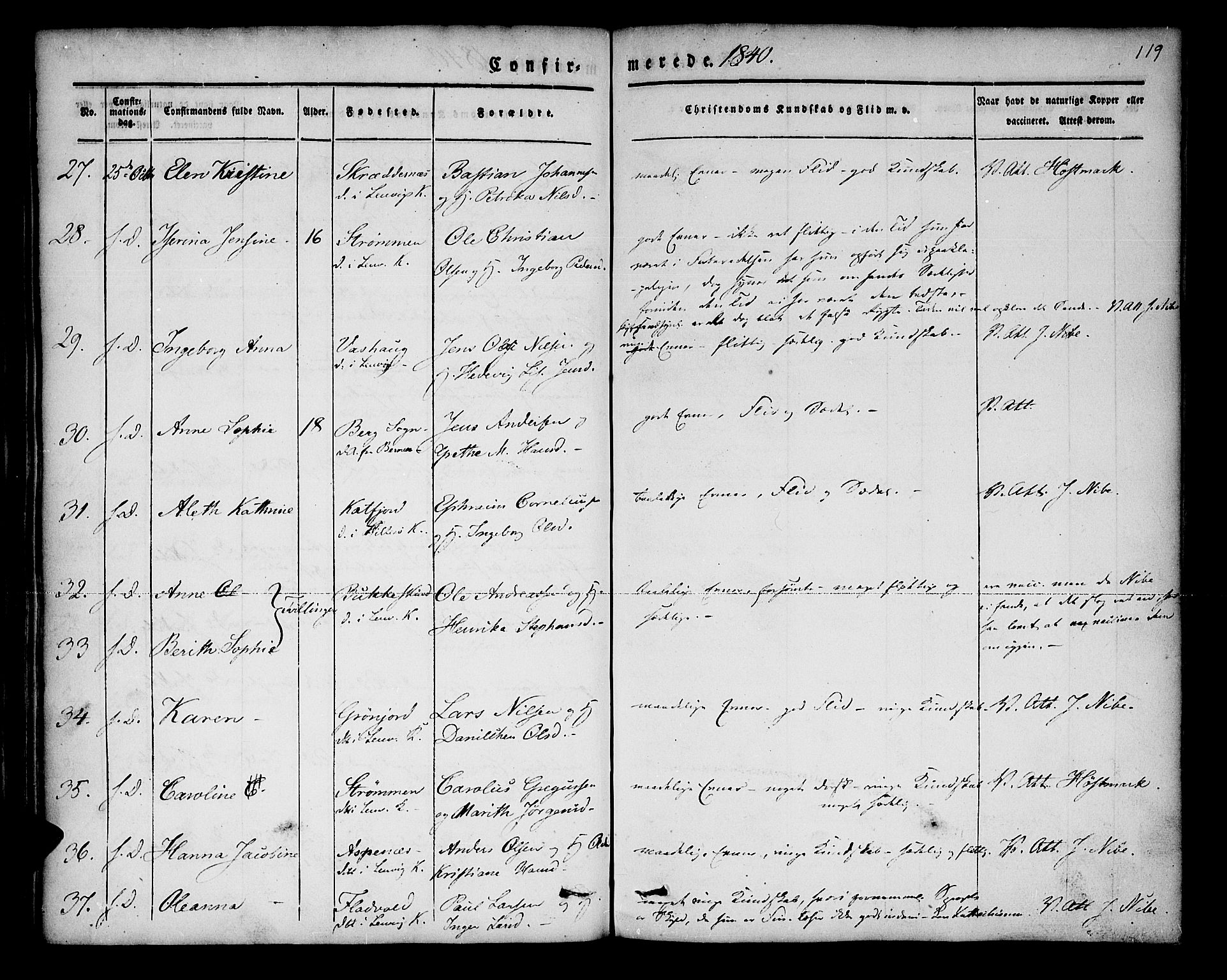Lenvik sokneprestembete, SATØ/S-1310/H/Ha/Haa/L0004kirke: Parish register (official) no. 4, 1832-1844, p. 119