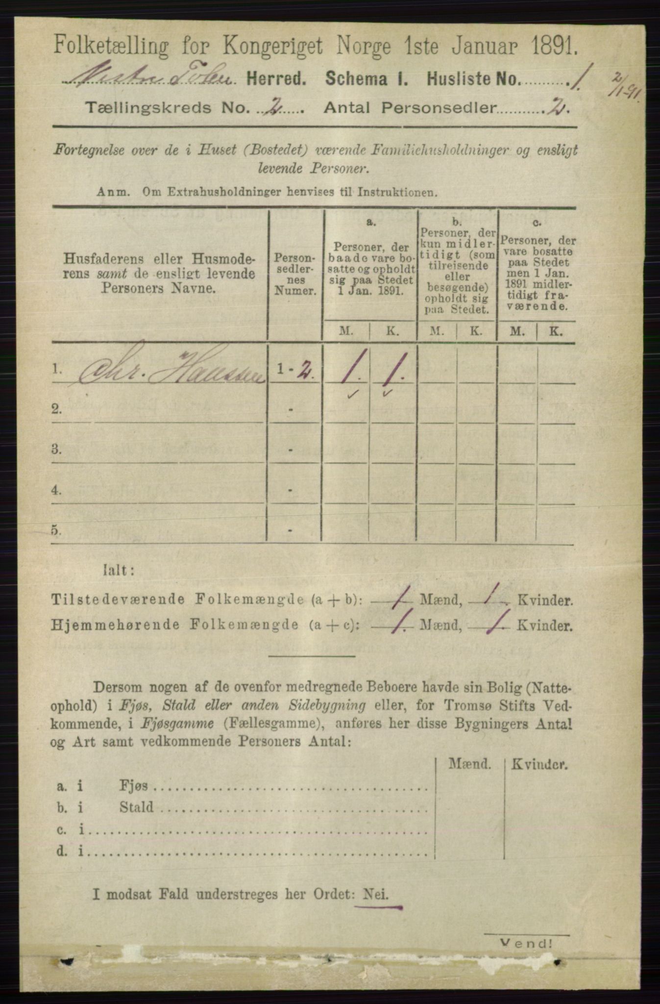 RA, 1891 census for 0529 Vestre Toten, 1891, p. 1299