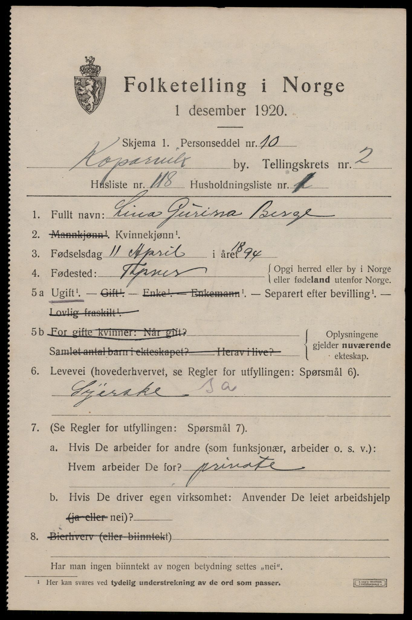 SAST, 1920 census for Kopervik, 1920, p. 4094