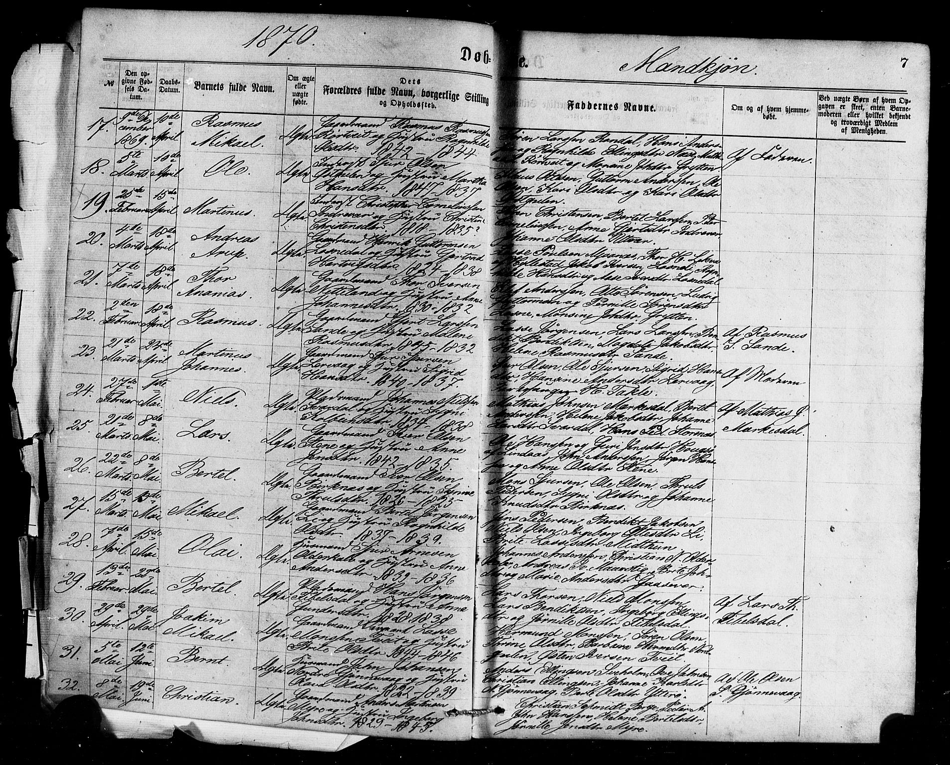 Gulen sokneprestembete, AV/SAB-A-80201/H/Haa/Haaa/L0023: Parish register (official) no. A 23, 1870-1880, p. 7