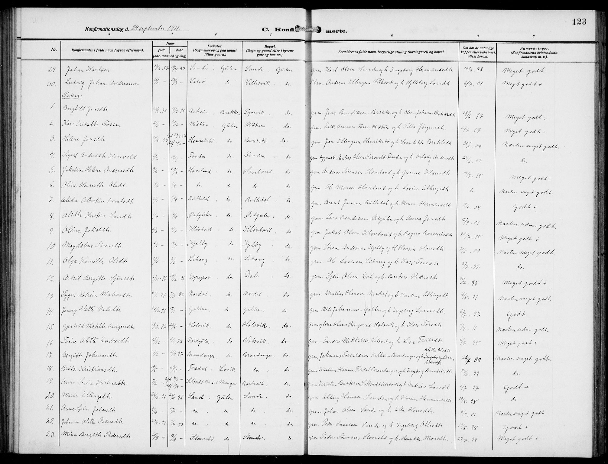 Gulen sokneprestembete, SAB/A-80201/H/Hab/Habb/L0004: Parish register (copy) no. B 4, 1908-1936, p. 123