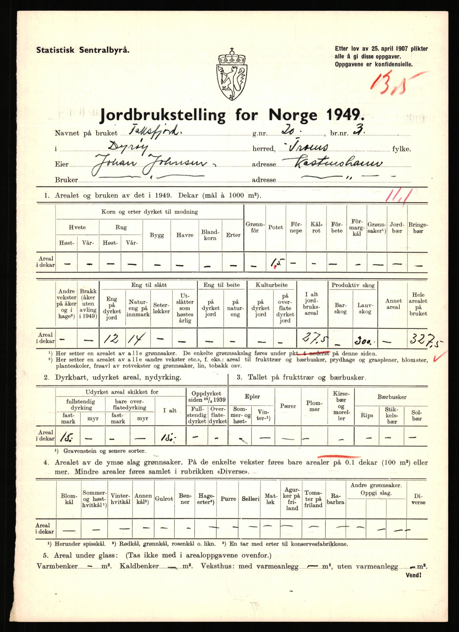 Statistisk sentralbyrå, Næringsøkonomiske emner, Jordbruk, skogbruk, jakt, fiske og fangst, AV/RA-S-2234/G/Gc/L0440: Troms: Sørreisa og Dyrøy, 1949, p. 1270