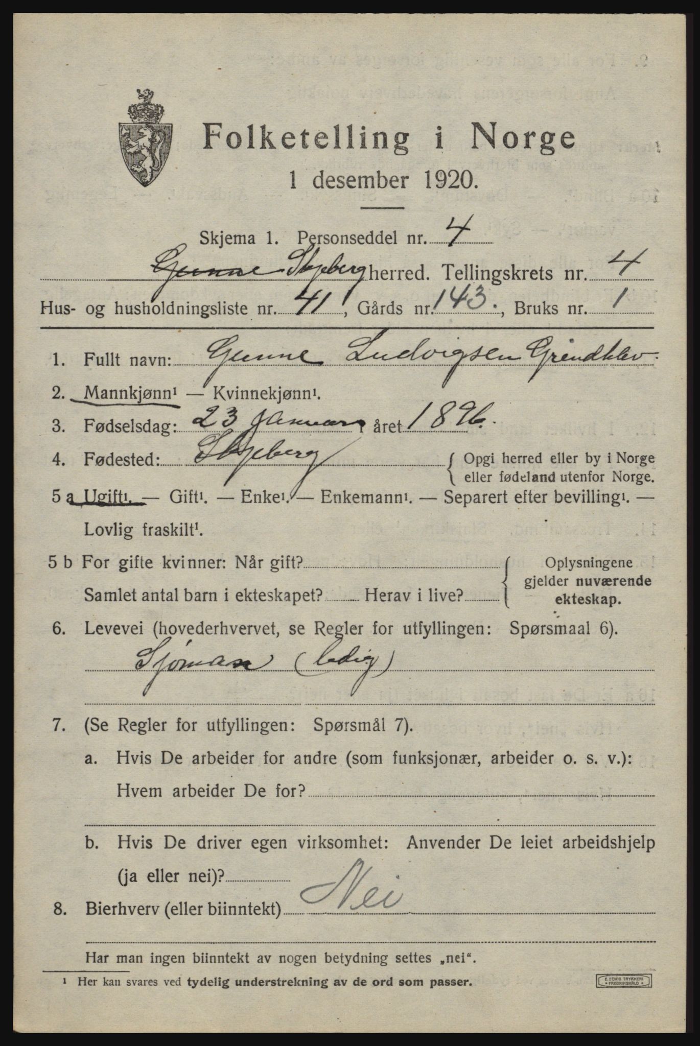 SAO, 1920 census for Skjeberg, 1920, p. 5485