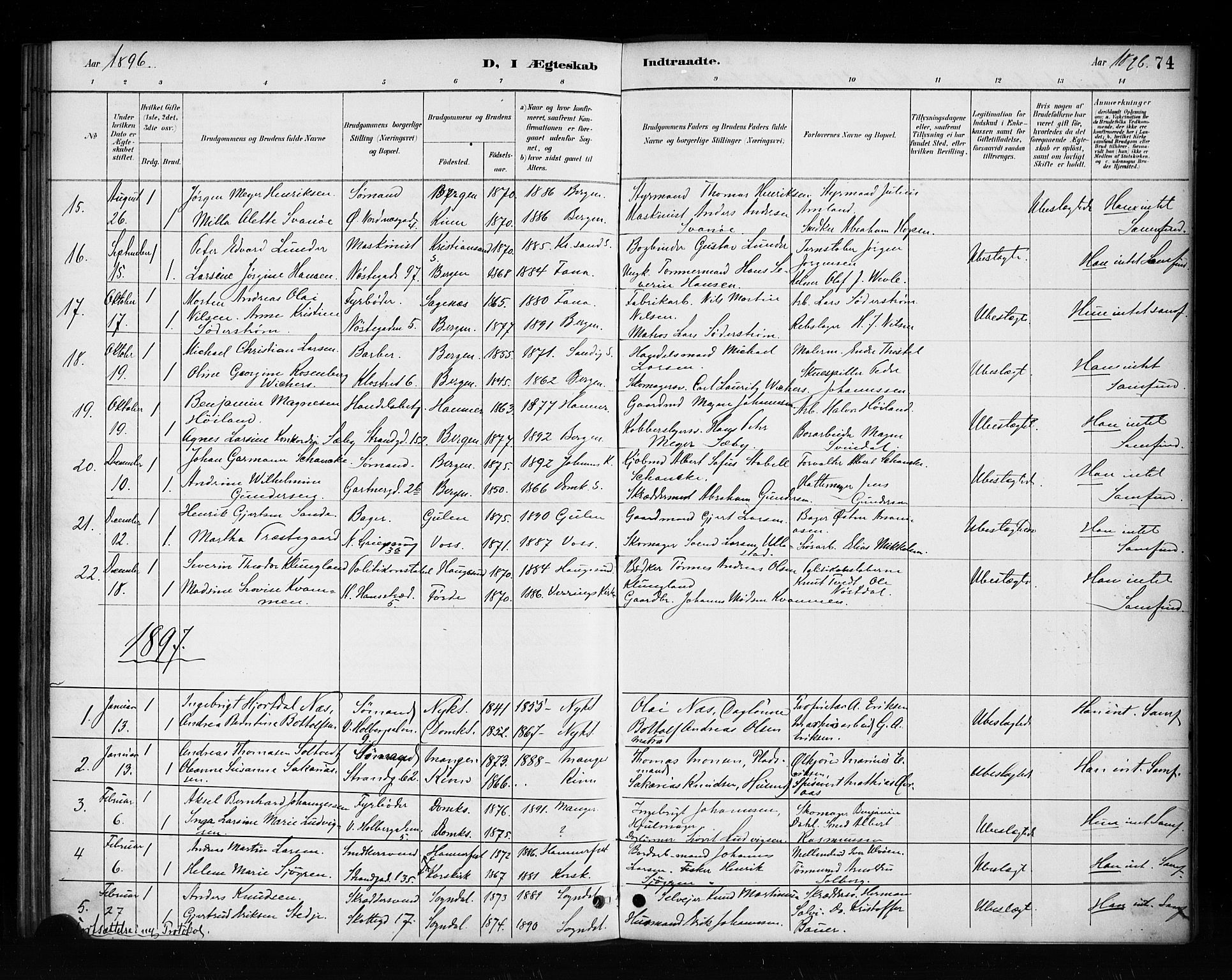 Nykirken Sokneprestembete, SAB/A-77101/H/Haa/L0053: Parish register (official) no. H 2, 1887-1897, p. 74