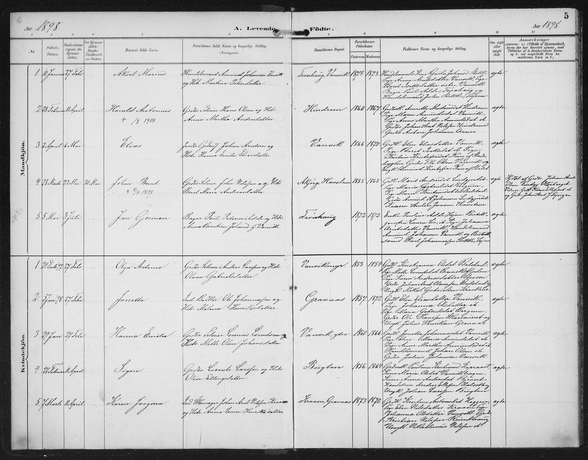 Ministerialprotokoller, klokkerbøker og fødselsregistre - Nord-Trøndelag, SAT/A-1458/702/L0024: Parish register (official) no. 702A02, 1898-1914, p. 5