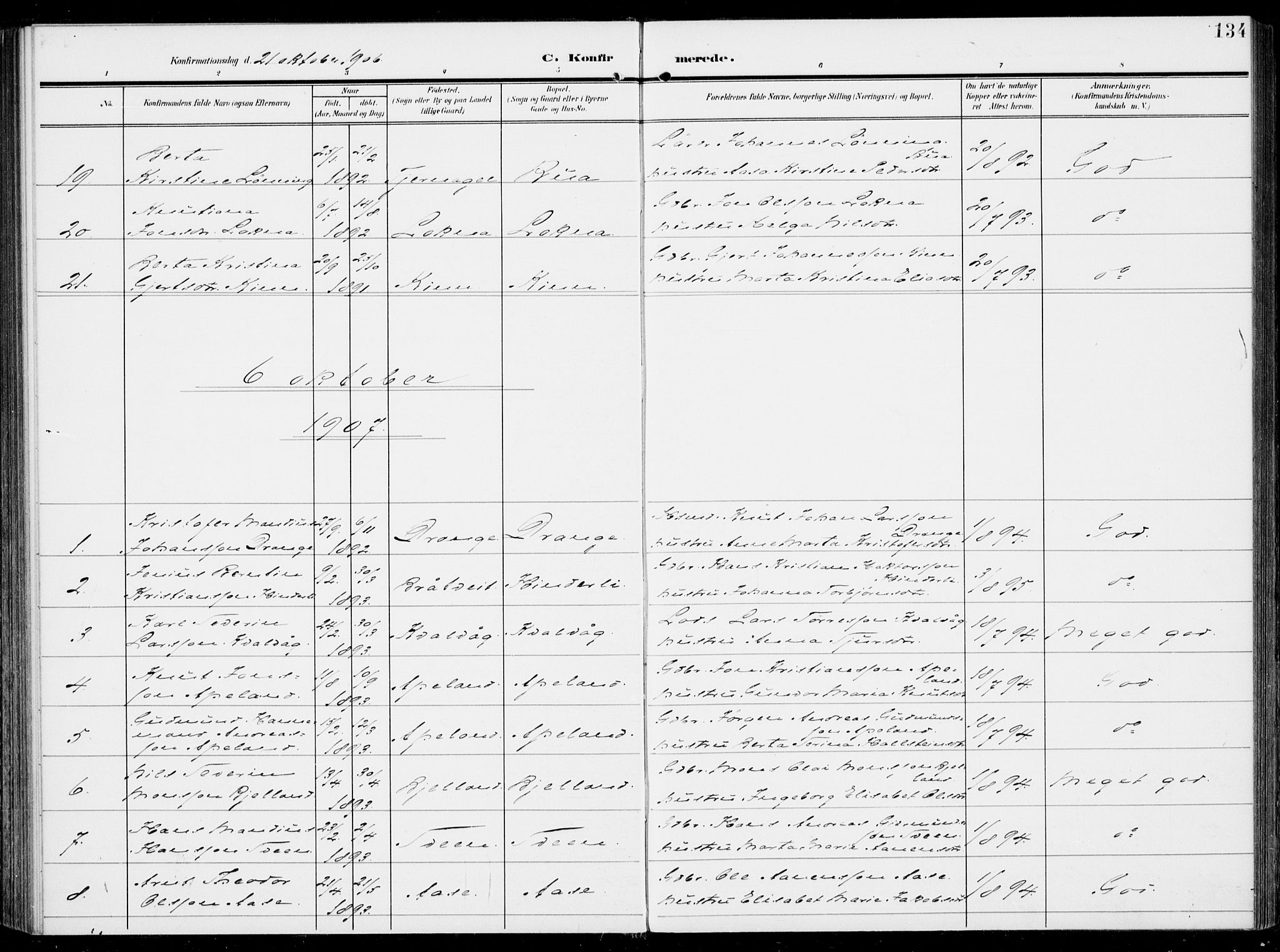 Sveio Sokneprestembete, SAB/A-78501/H/Haa: Parish register (official) no. B  4, 1906-1919, p. 134