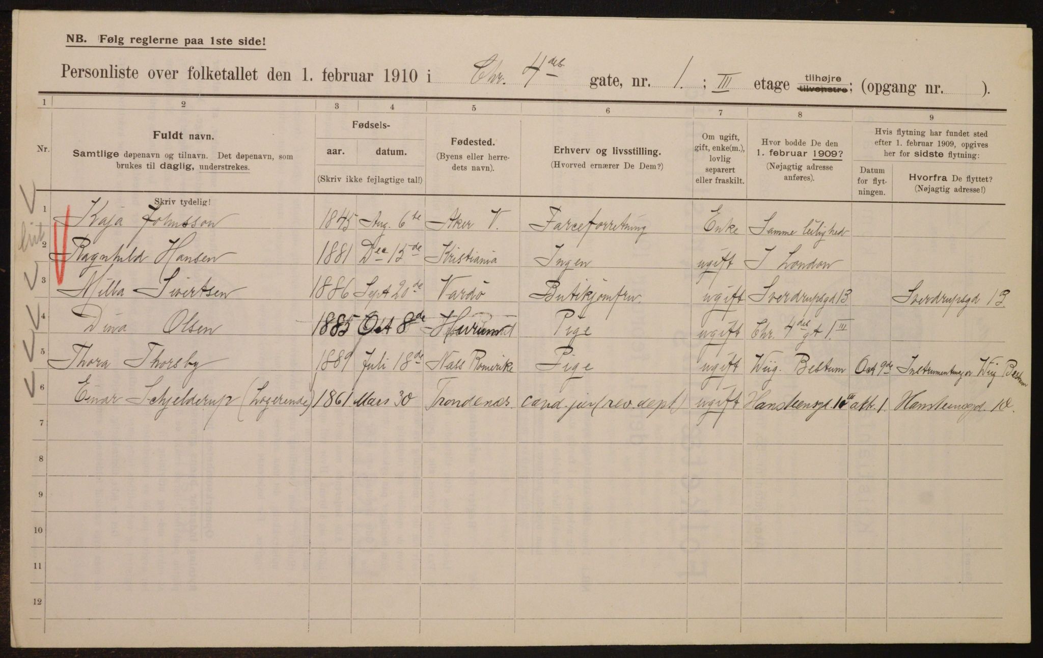 OBA, Municipal Census 1910 for Kristiania, 1910, p. 52539