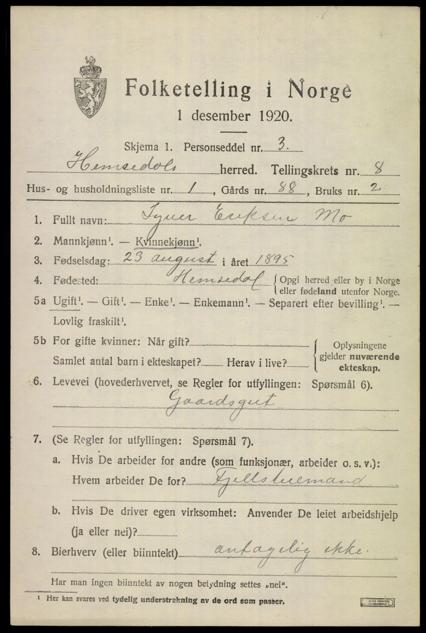 SAKO, 1920 census for Hemsedal, 1920, p. 3112