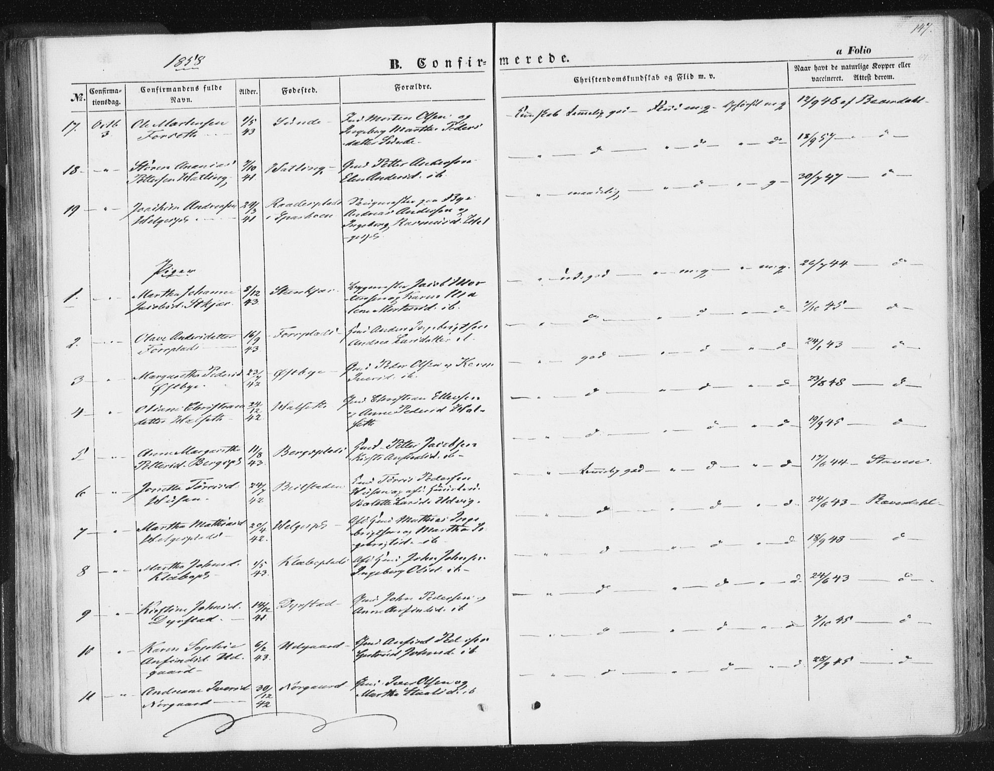 Ministerialprotokoller, klokkerbøker og fødselsregistre - Nord-Trøndelag, AV/SAT-A-1458/746/L0446: Parish register (official) no. 746A05, 1846-1859, p. 147