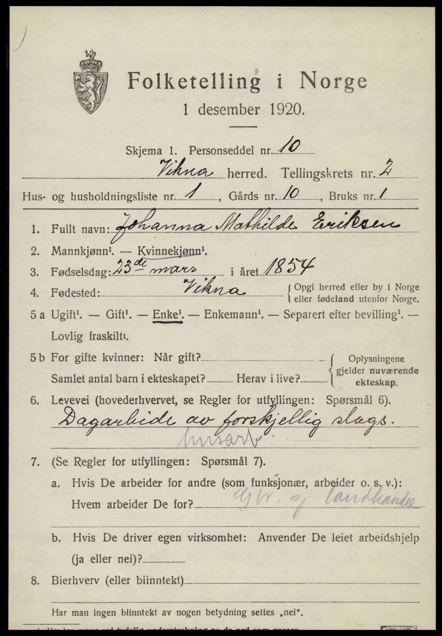 SAT, 1920 census for Vikna, 1920, p. 1573