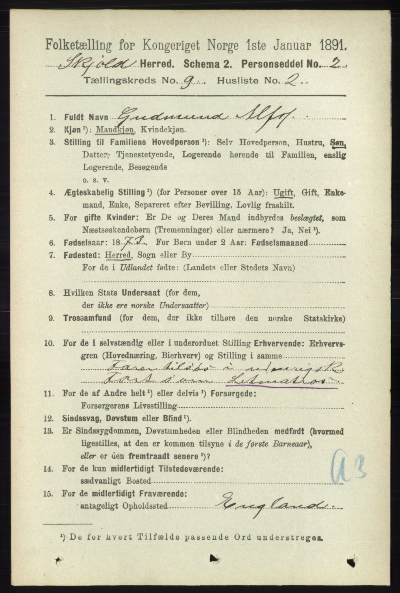 RA, 1891 census for 1154 Skjold, 1891, p. 1795