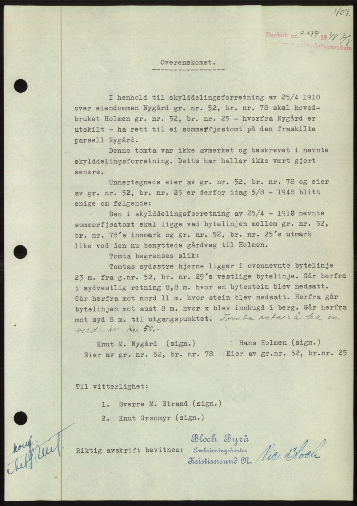 Nordmøre sorenskriveri, AV/SAT-A-4132/1/2/2Ca: Mortgage book no. B99, 1948-1948, Diary no: : 2289/1948