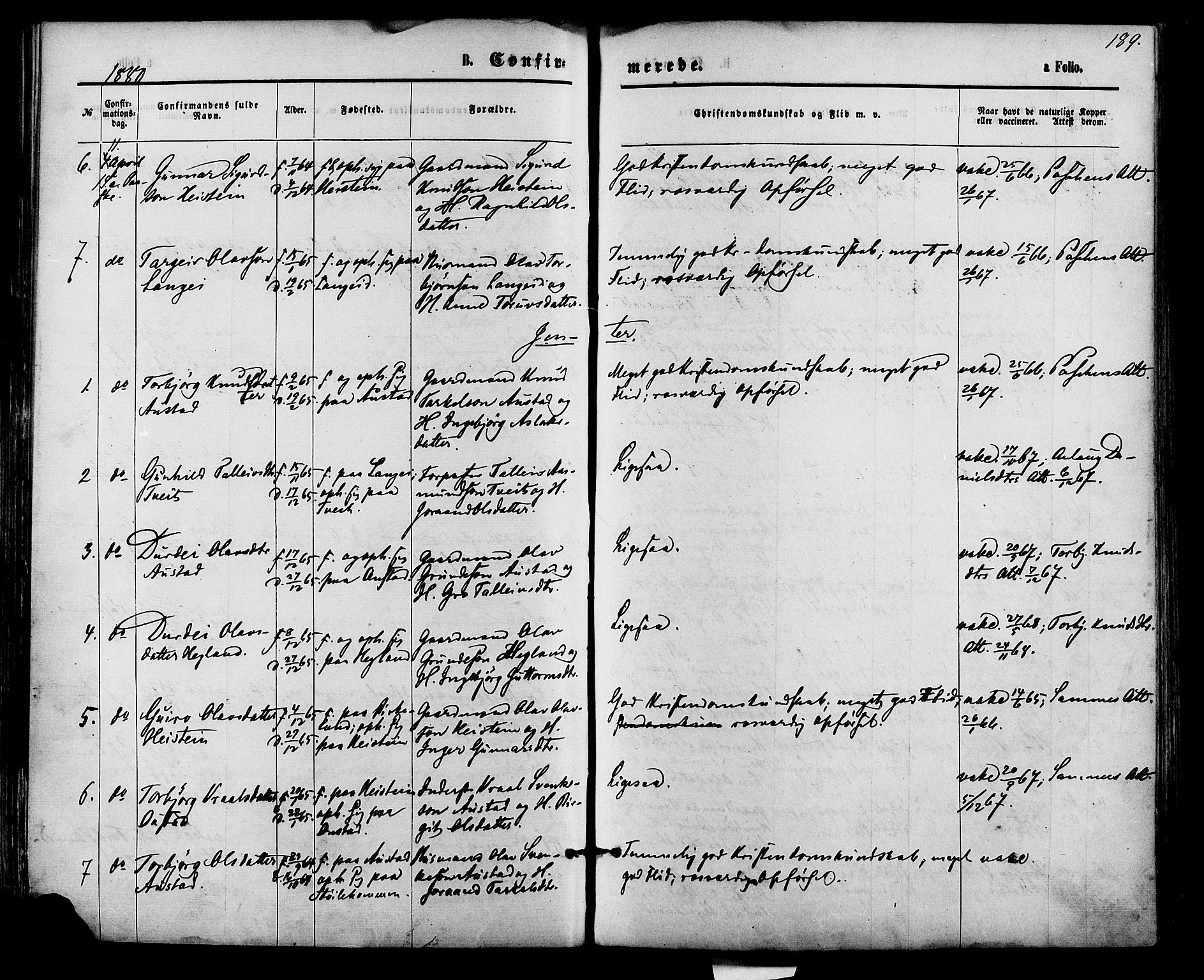 Bygland sokneprestkontor, AV/SAK-1111-0006/F/Fa/Fab/L0006: Parish register (official) no. A 6, 1873-1884, p. 189