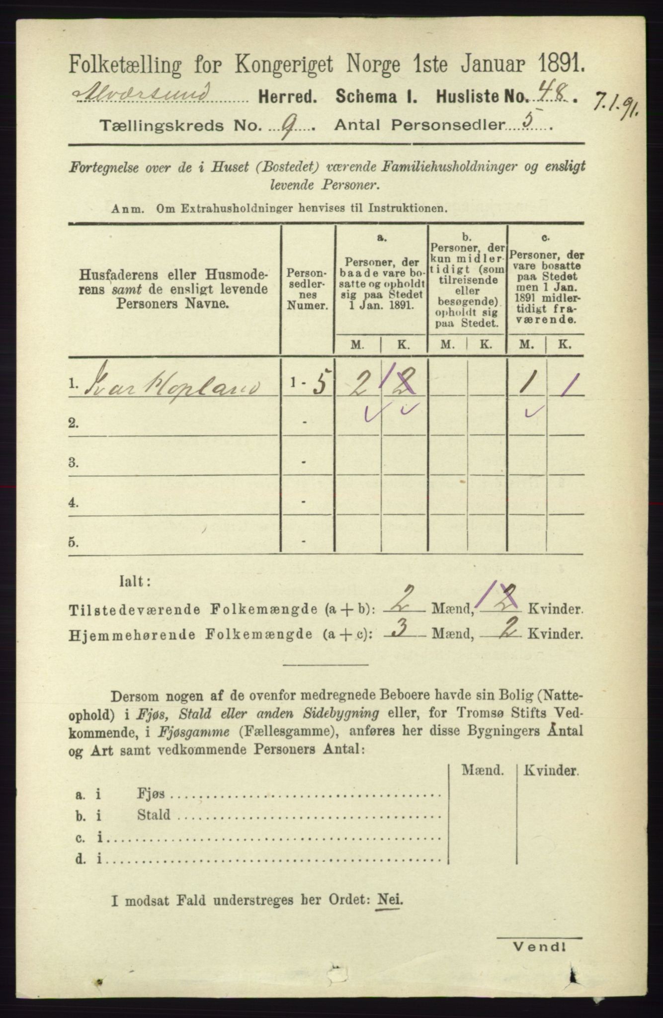 RA, 1891 census for 1257 Alversund, 1891, p. 3084