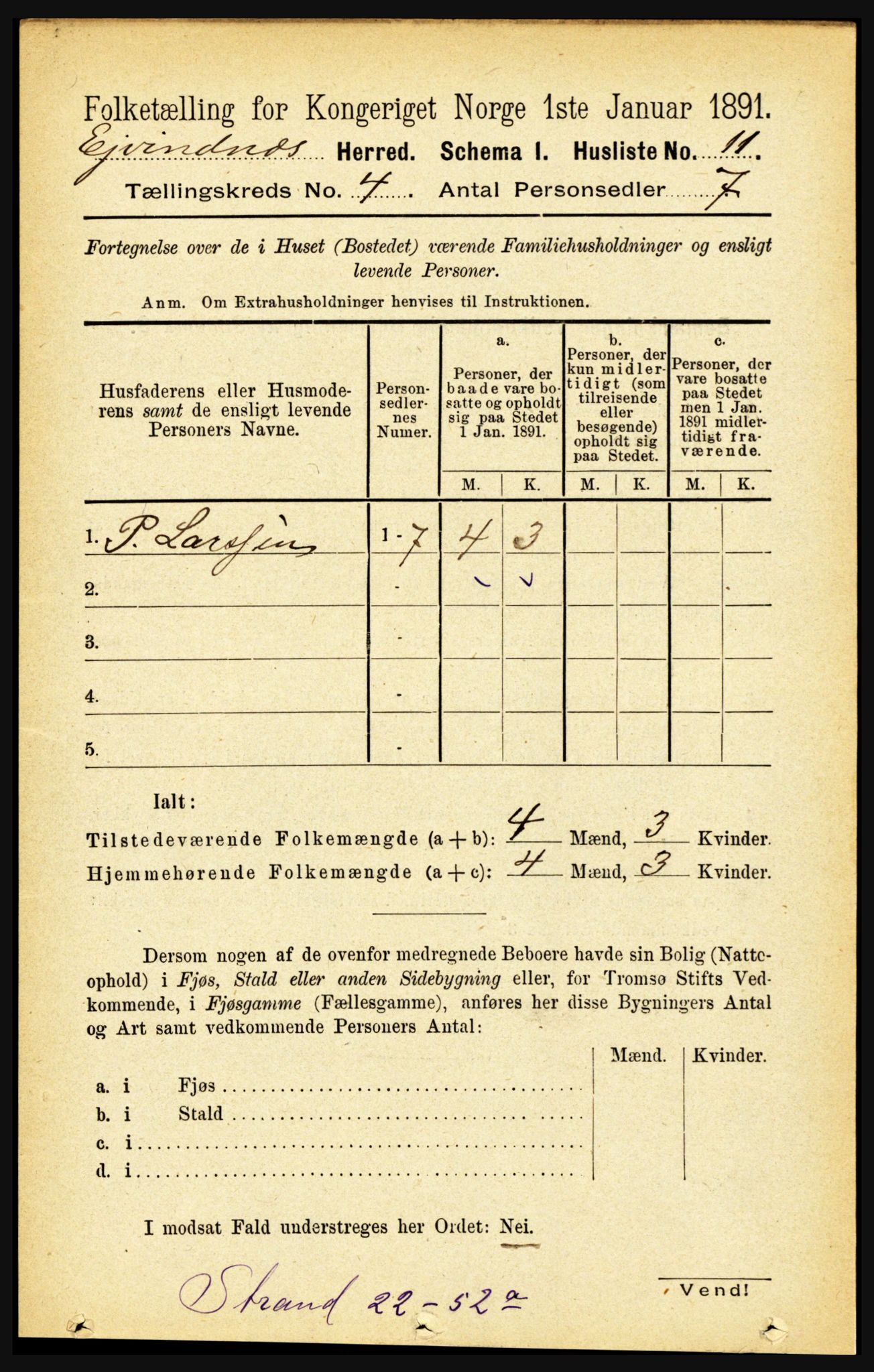 RA, 1891 census for 1853 Evenes, 1891, p. 1186