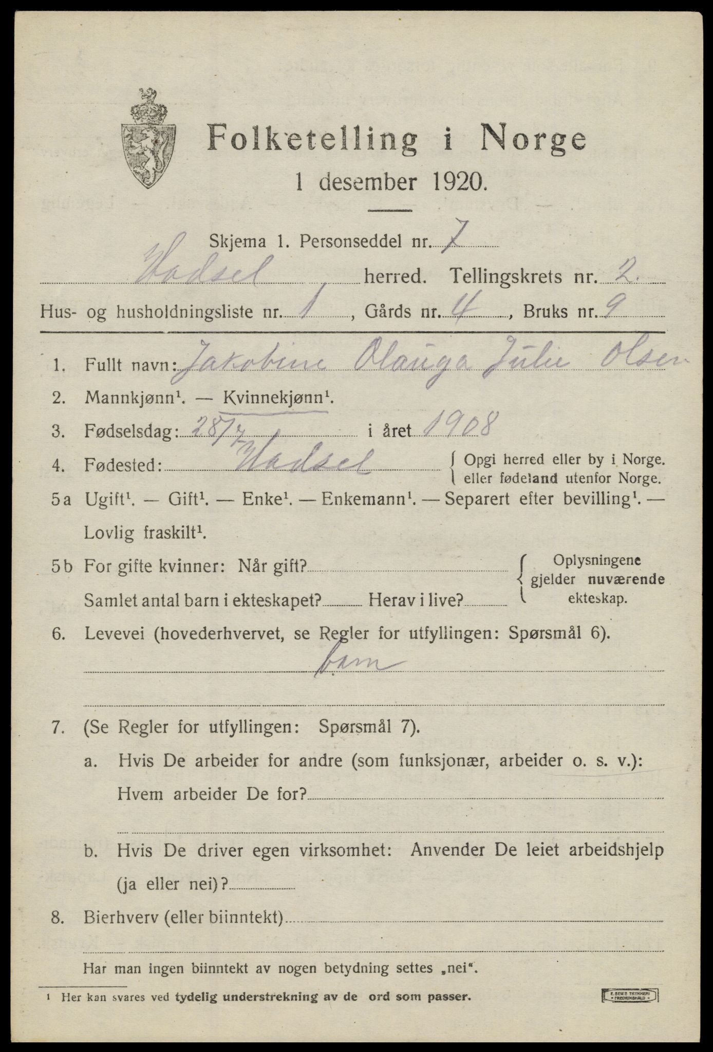 SAT, 1920 census for Hadsel, 1920, p. 3978