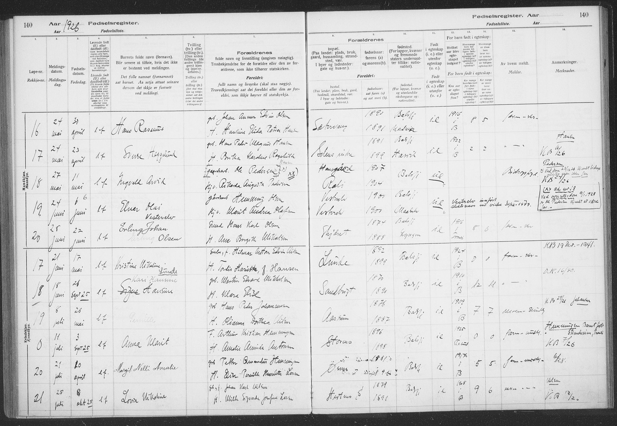 Balsfjord sokneprestembete, AV/SATØ-S-1303/H/Hb/L0059: Birth register no. 59, 1916-1930, p. 140