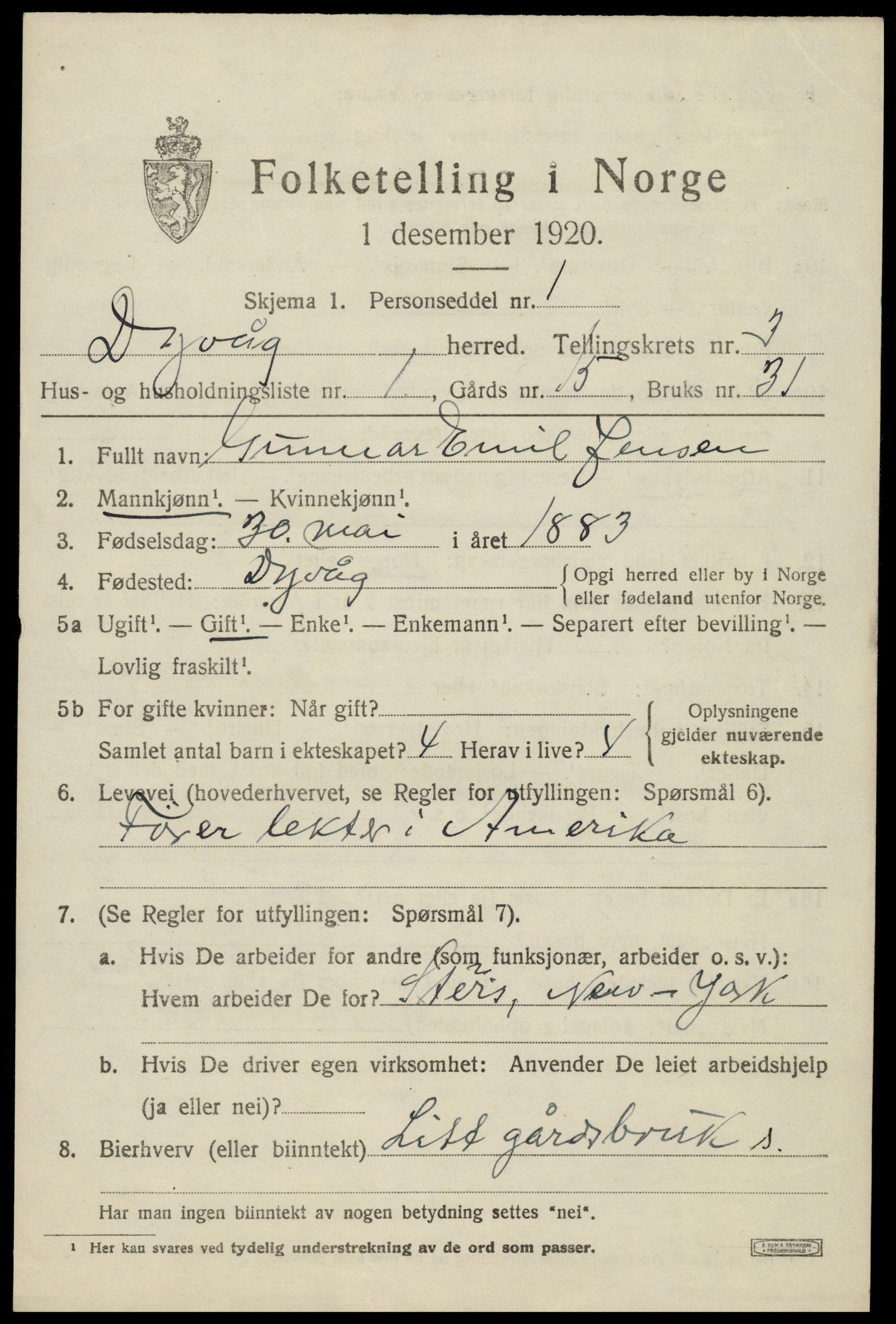 SAK, 1920 census for Dypvåg, 1920, p. 2293