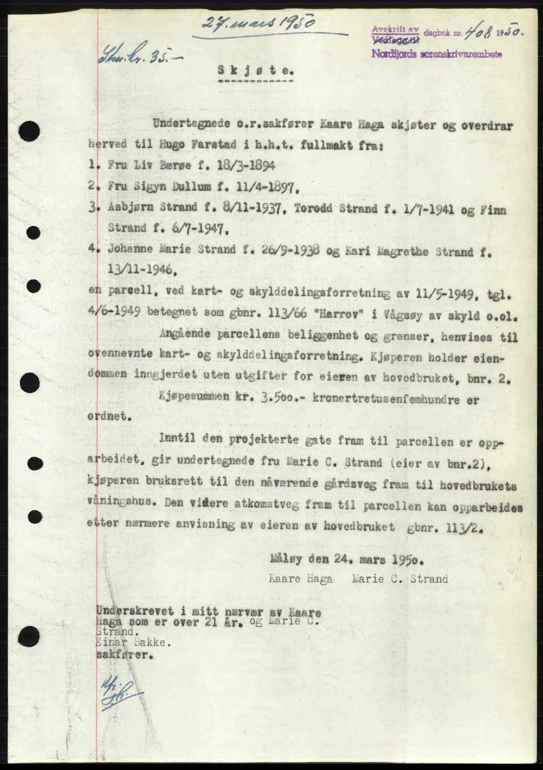 Nordfjord sorenskriveri, SAB/A-2801/02/02b/02bj/L0016a: Mortgage book no. A16 I, 1949-1950, Diary no: : 408/1950