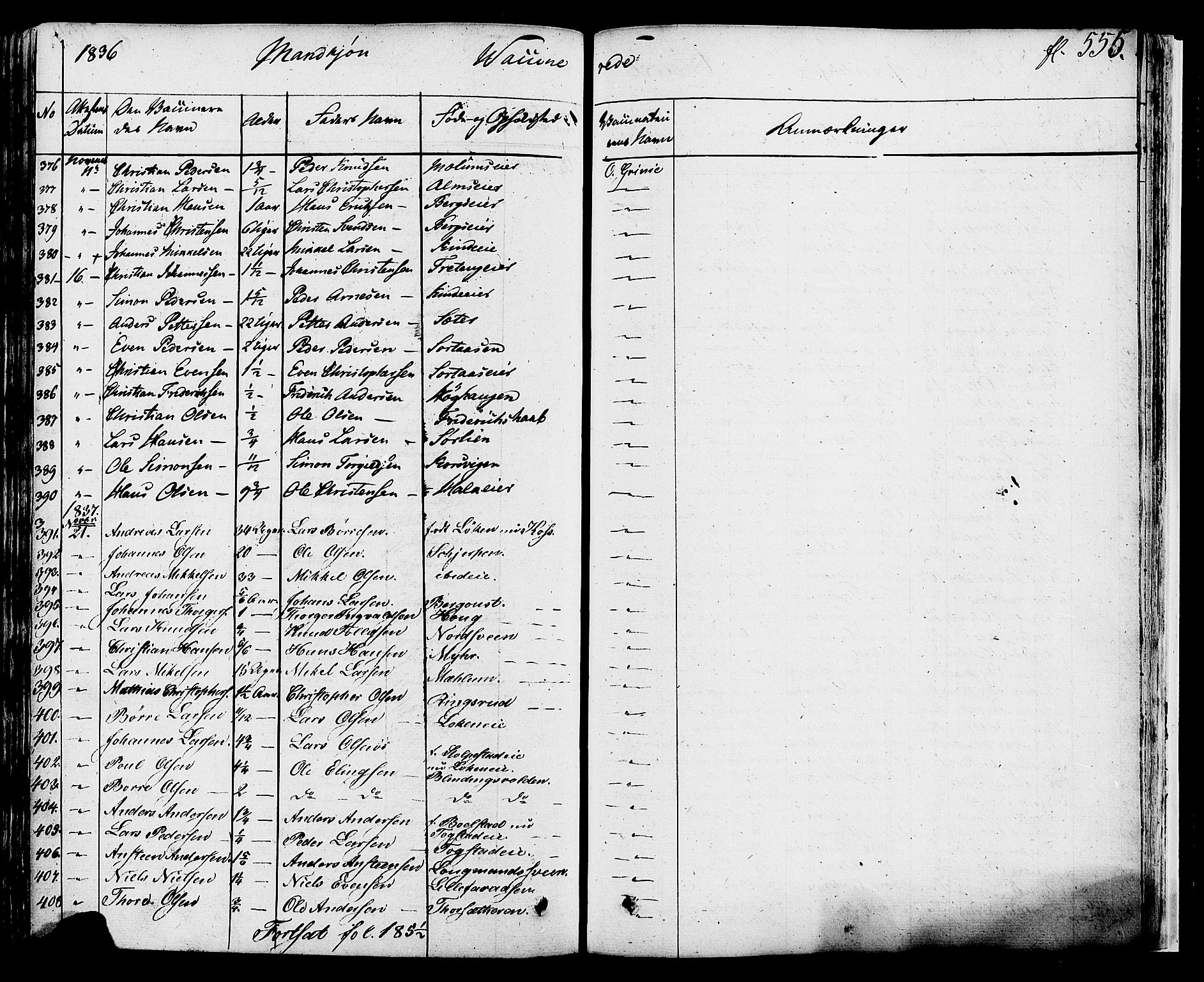 Ringsaker prestekontor, SAH/PREST-014/K/Ka/L0007: Parish register (official) no. 7B, 1826-1837, p. 555