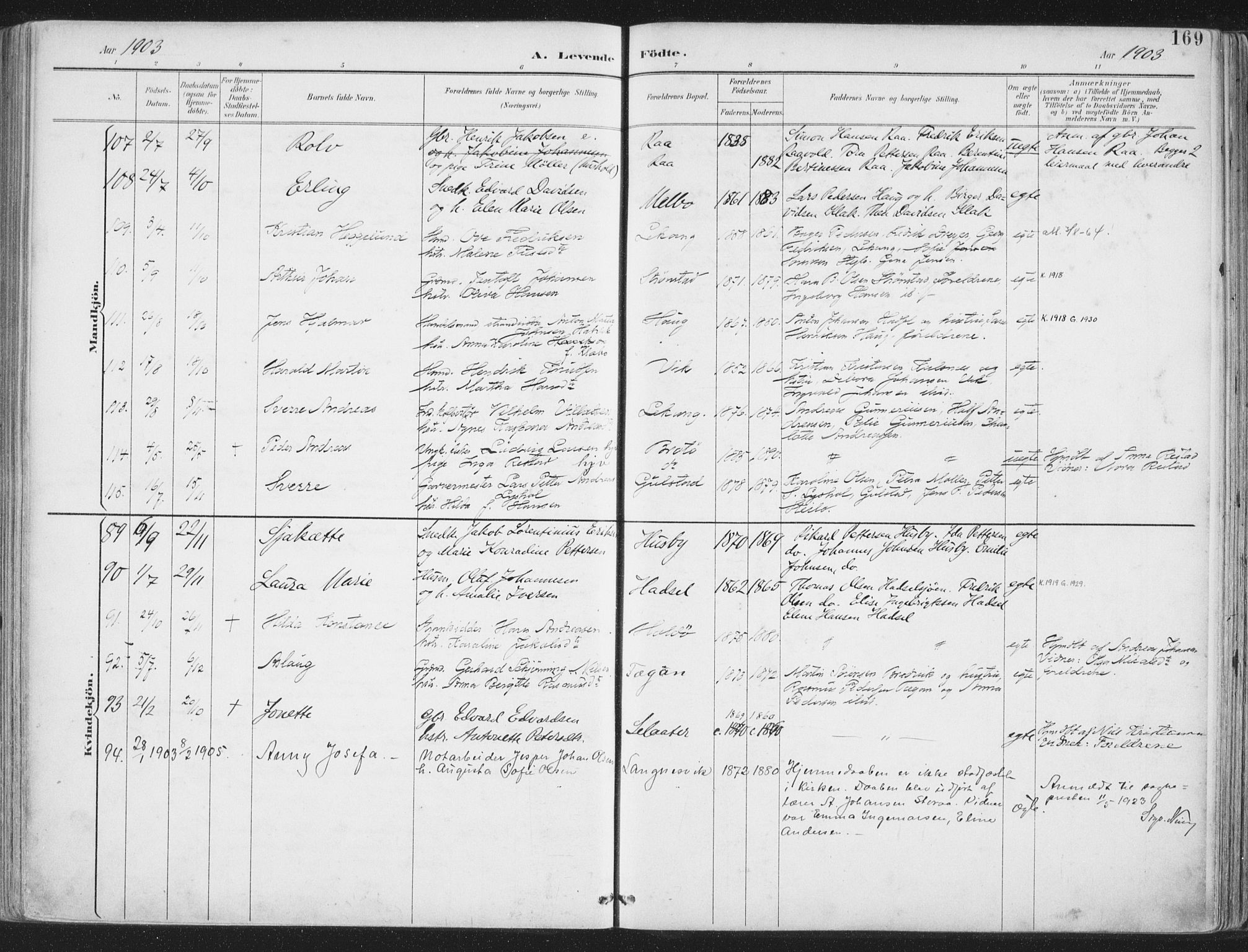 Ministerialprotokoller, klokkerbøker og fødselsregistre - Nordland, SAT/A-1459/888/L1246: Parish register (official) no. 888A12, 1891-1903, p. 169