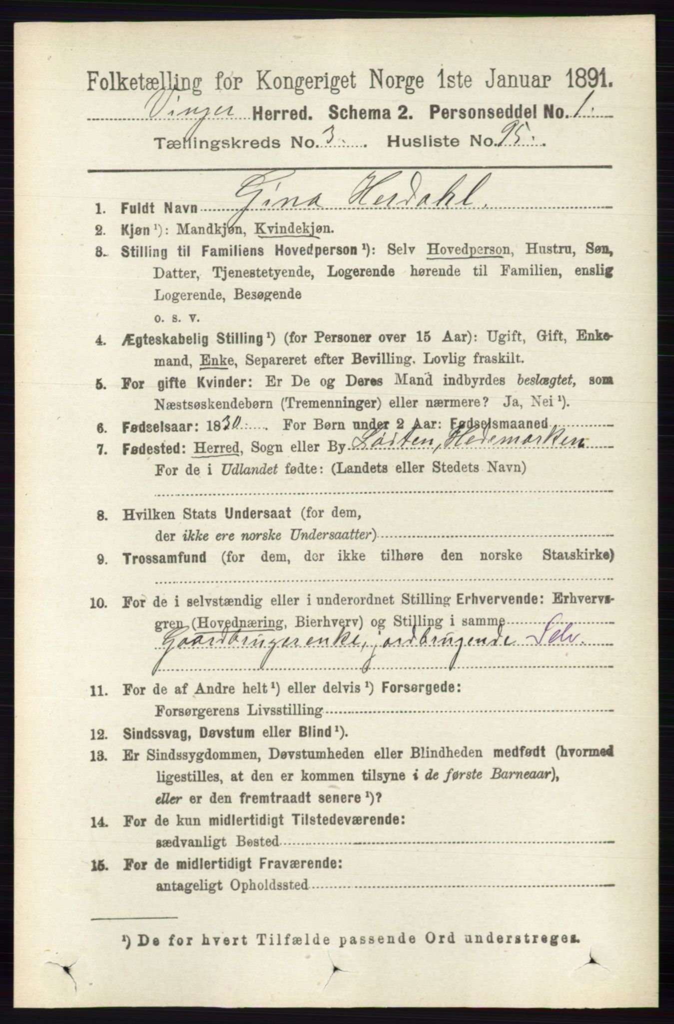 RA, 1891 census for 0421 Vinger, 1891, p. 1470