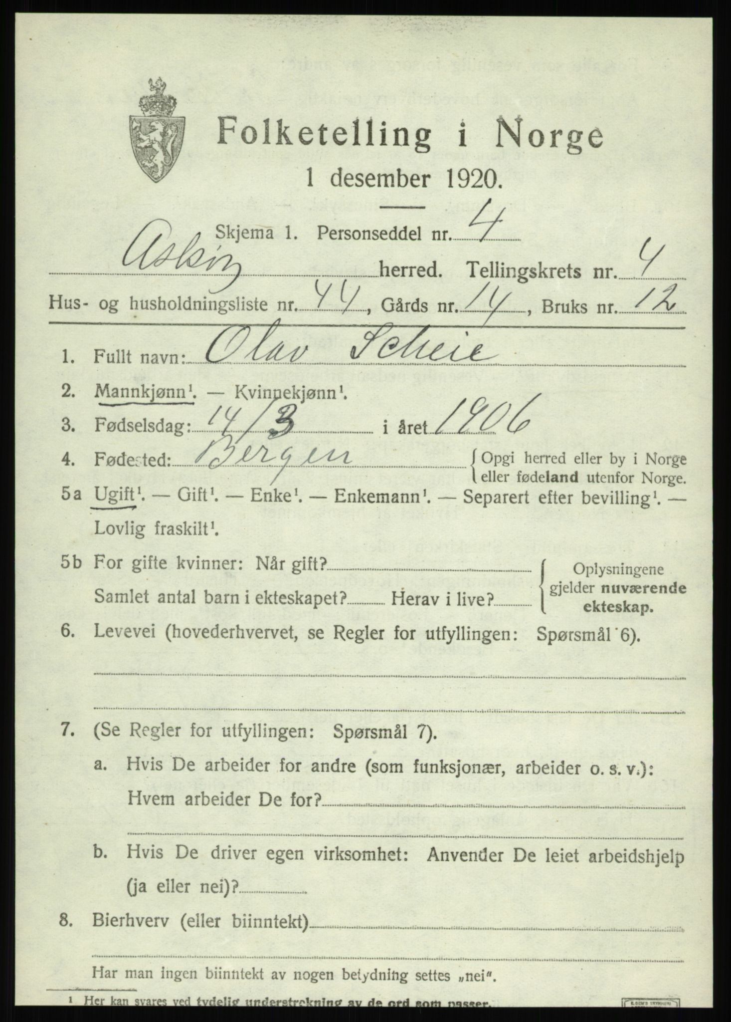 SAB, 1920 census for Askøy, 1920, p. 8168