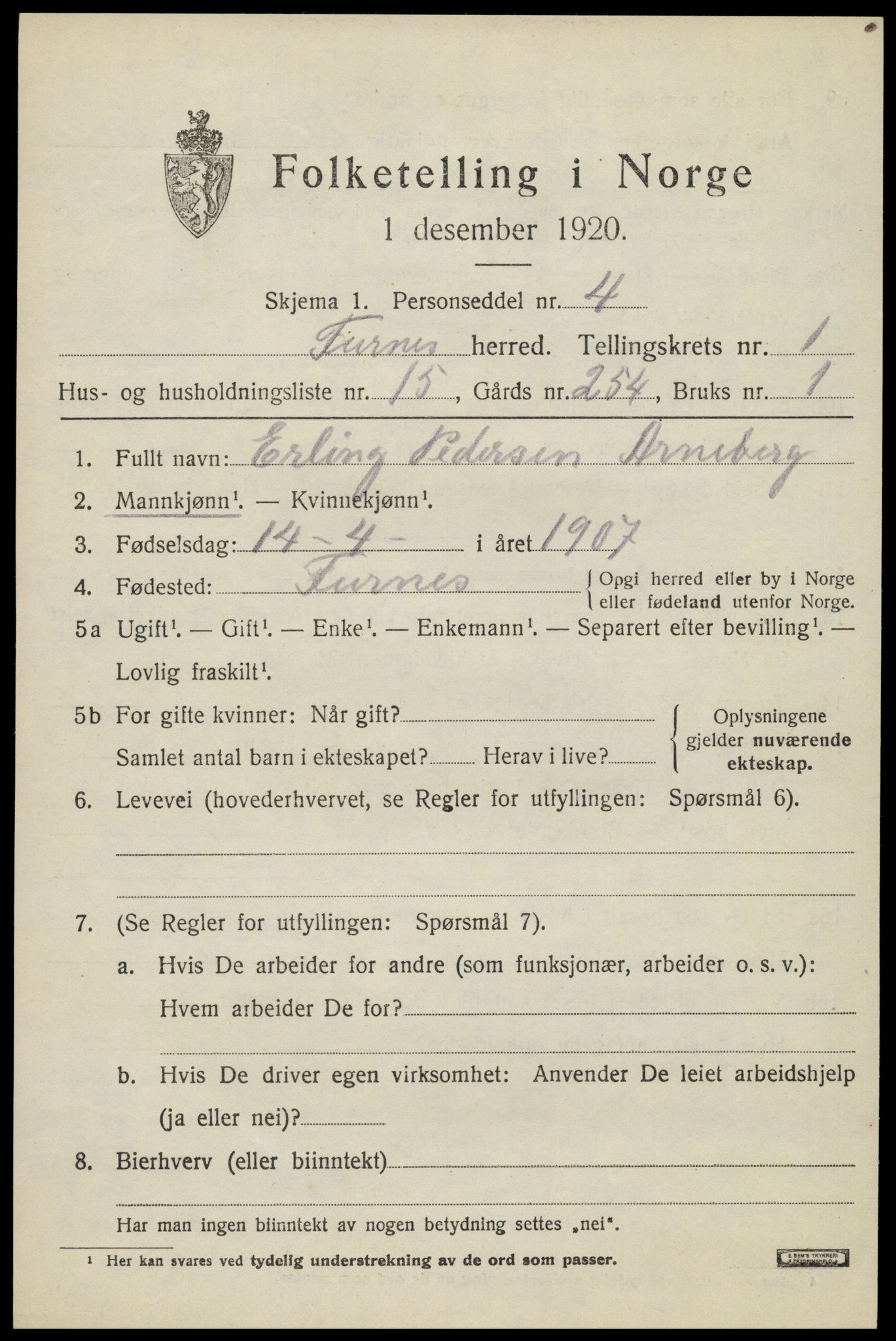 SAH, 1920 census for Furnes, 1920, p. 1815