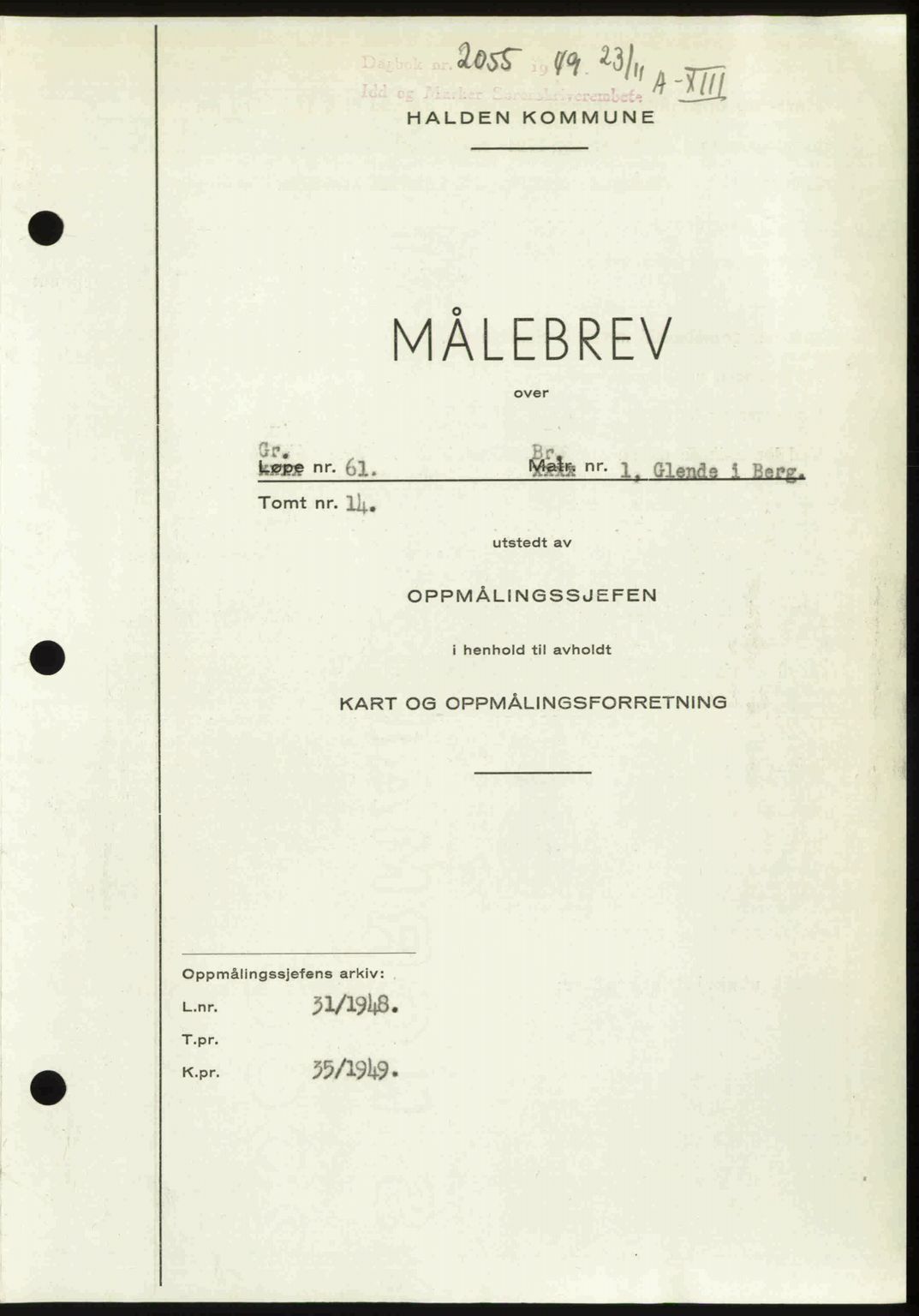 Idd og Marker sorenskriveri, AV/SAO-A-10283/G/Gb/Gbb/L0013: Mortgage book no. A13, 1949-1950, Diary no: : 2055/1949