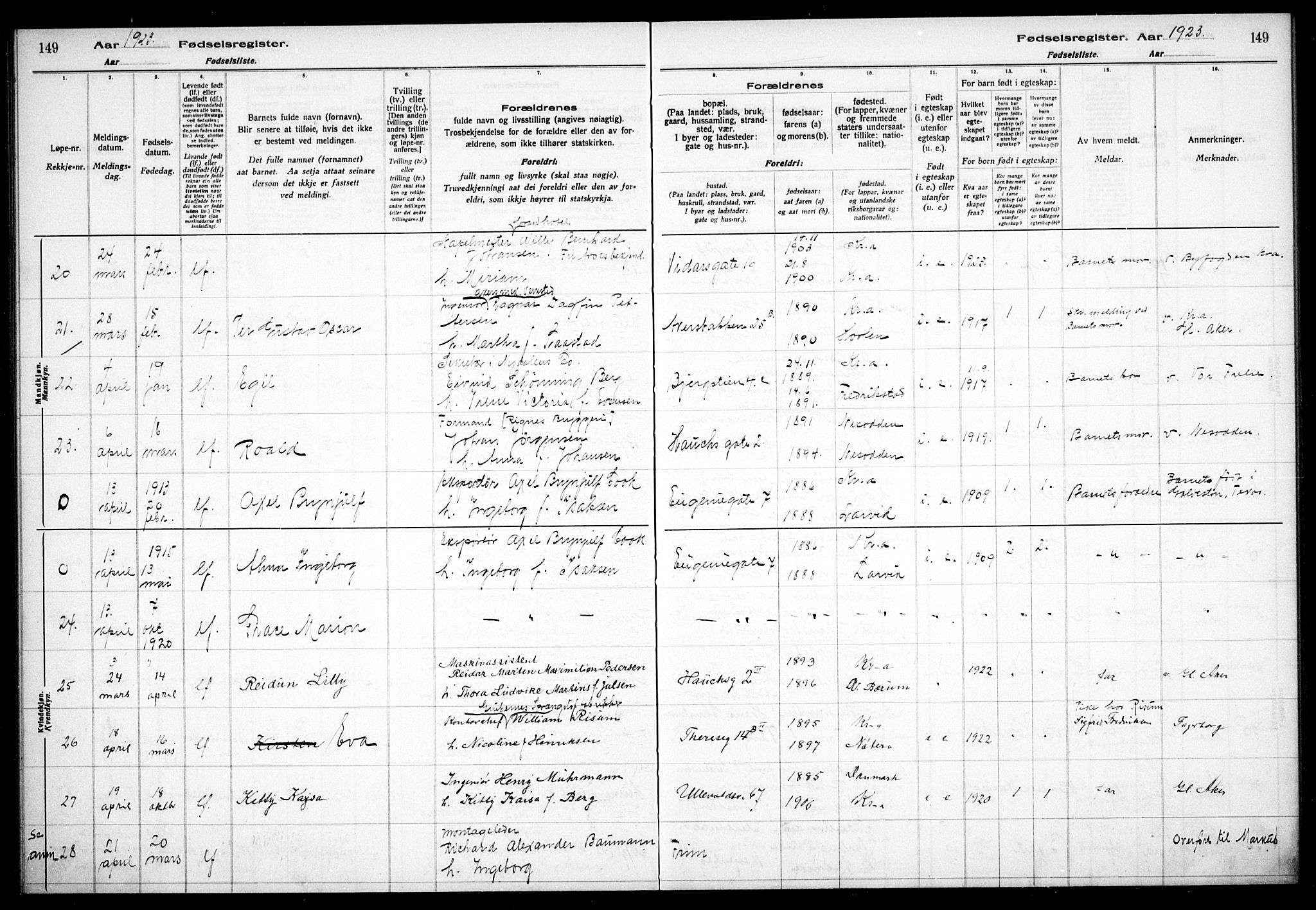 Gamle Aker prestekontor Kirkebøker, AV/SAO-A-10617a/J/L0001: Birth register no. 1, 1916-1927, p. 149