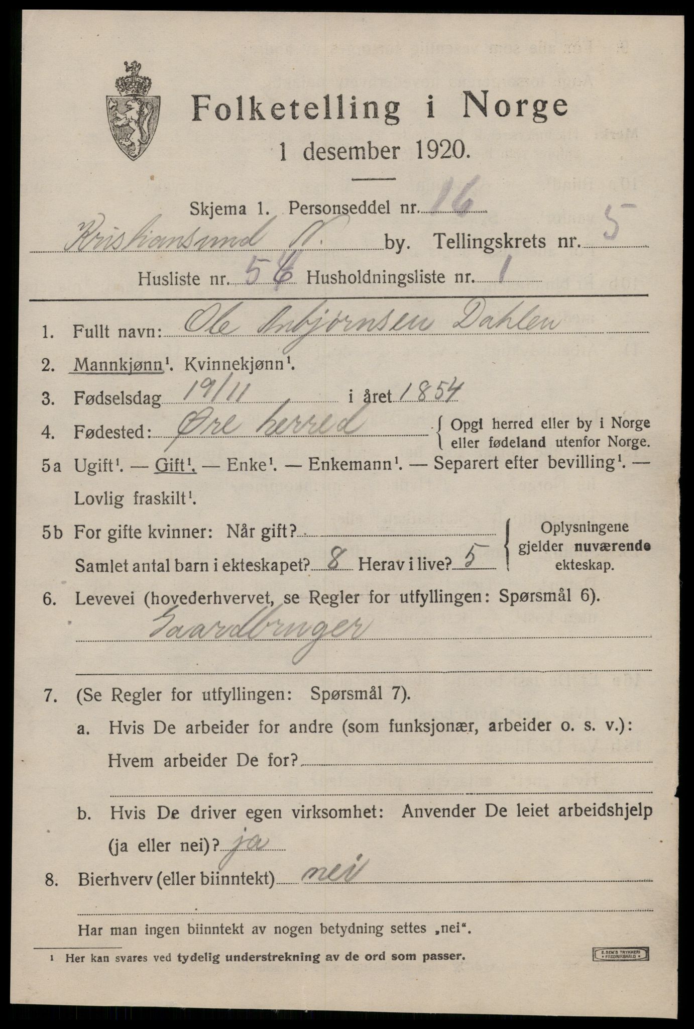 SAT, 1920 census for Kristiansund, 1920, p. 17023