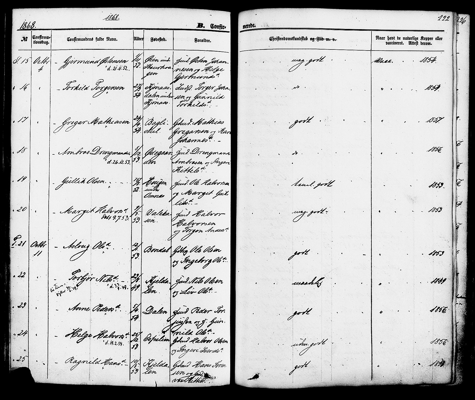 Hjartdal kirkebøker, AV/SAKO-A-270/F/Fa/L0009: Parish register (official) no. I 9, 1860-1879, p. 222