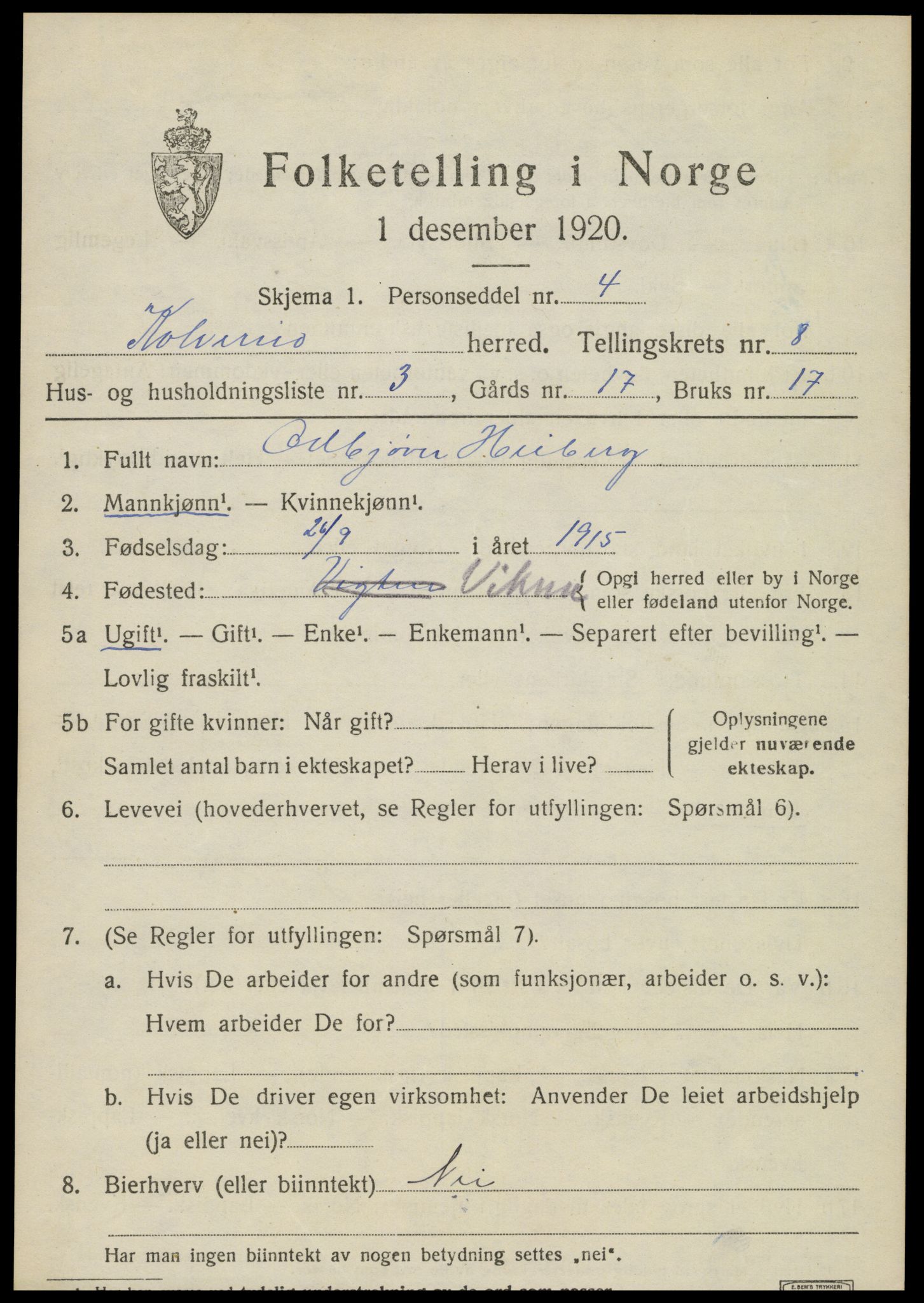 SAT, 1920 census for Kolvereid, 1920, p. 5111