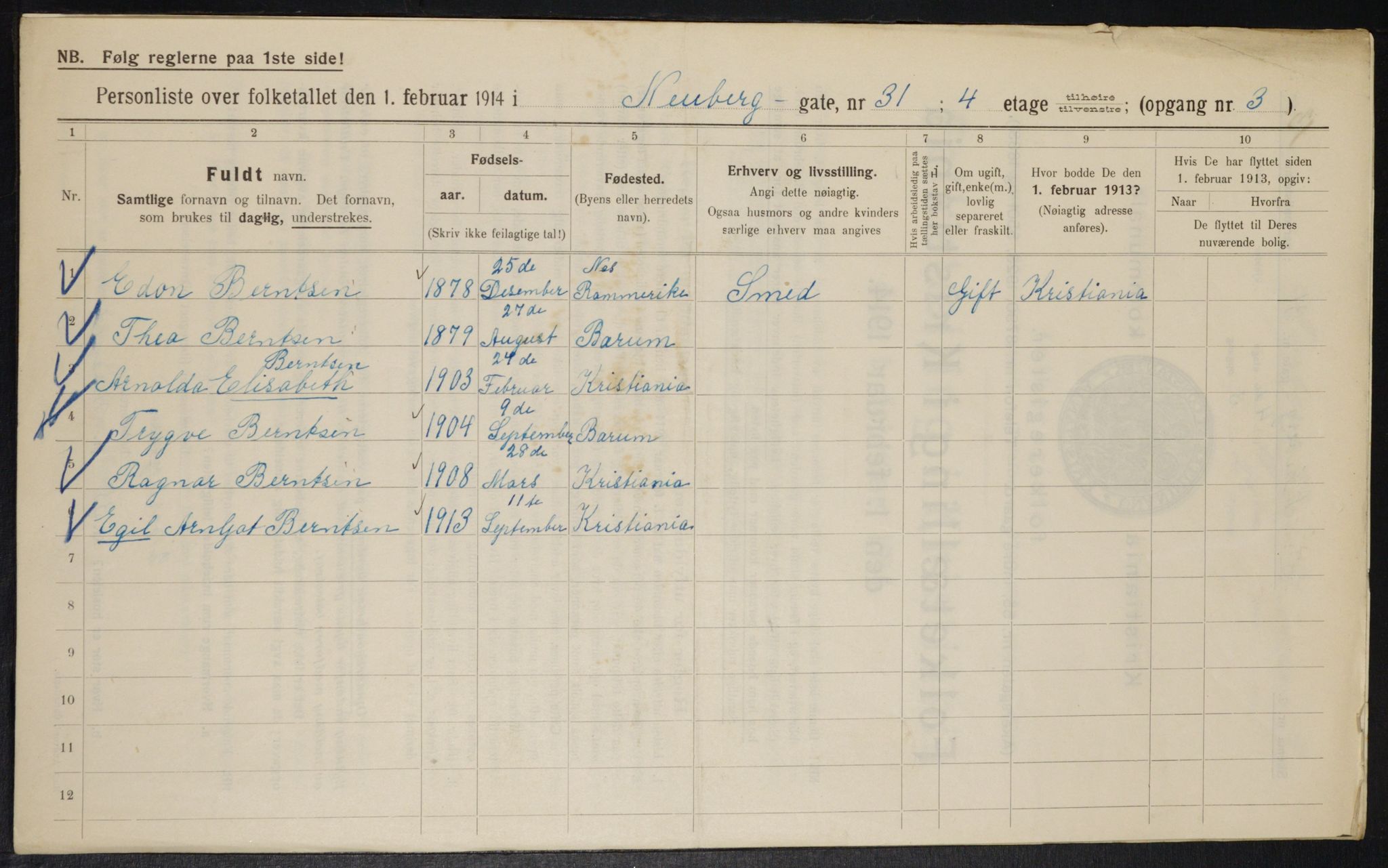 OBA, Municipal Census 1914 for Kristiania, 1914, p. 70113