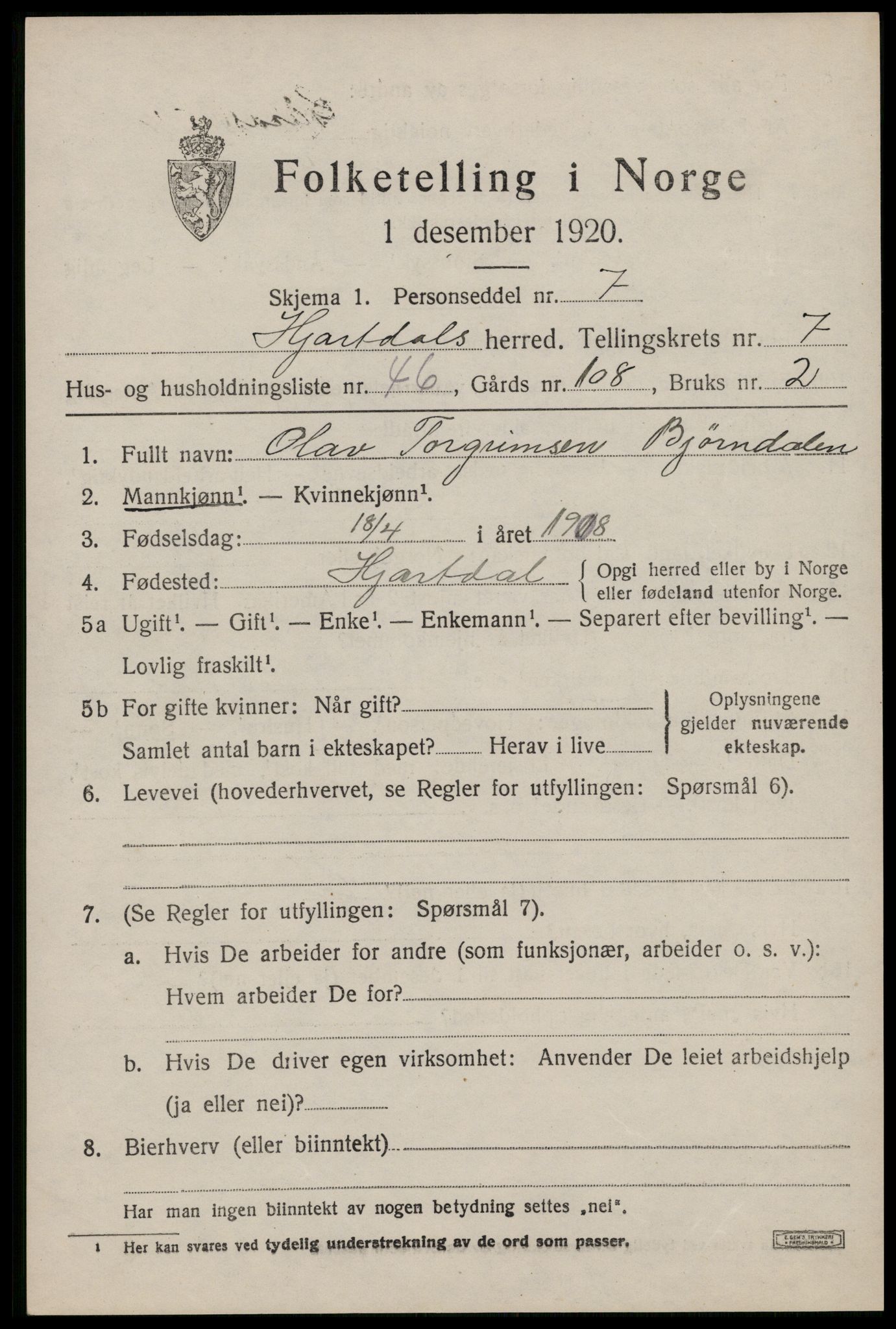 SAKO, 1920 census for Hjartdal, 1920, p. 5068