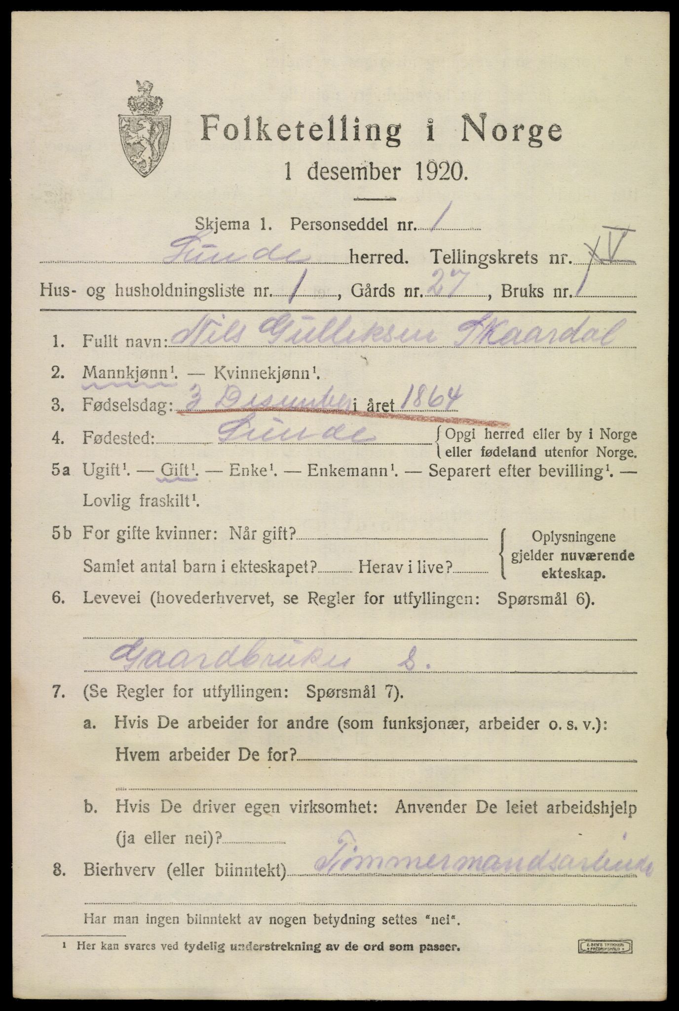 SAKO, 1920 census for Lunde, 1920, p. 3403