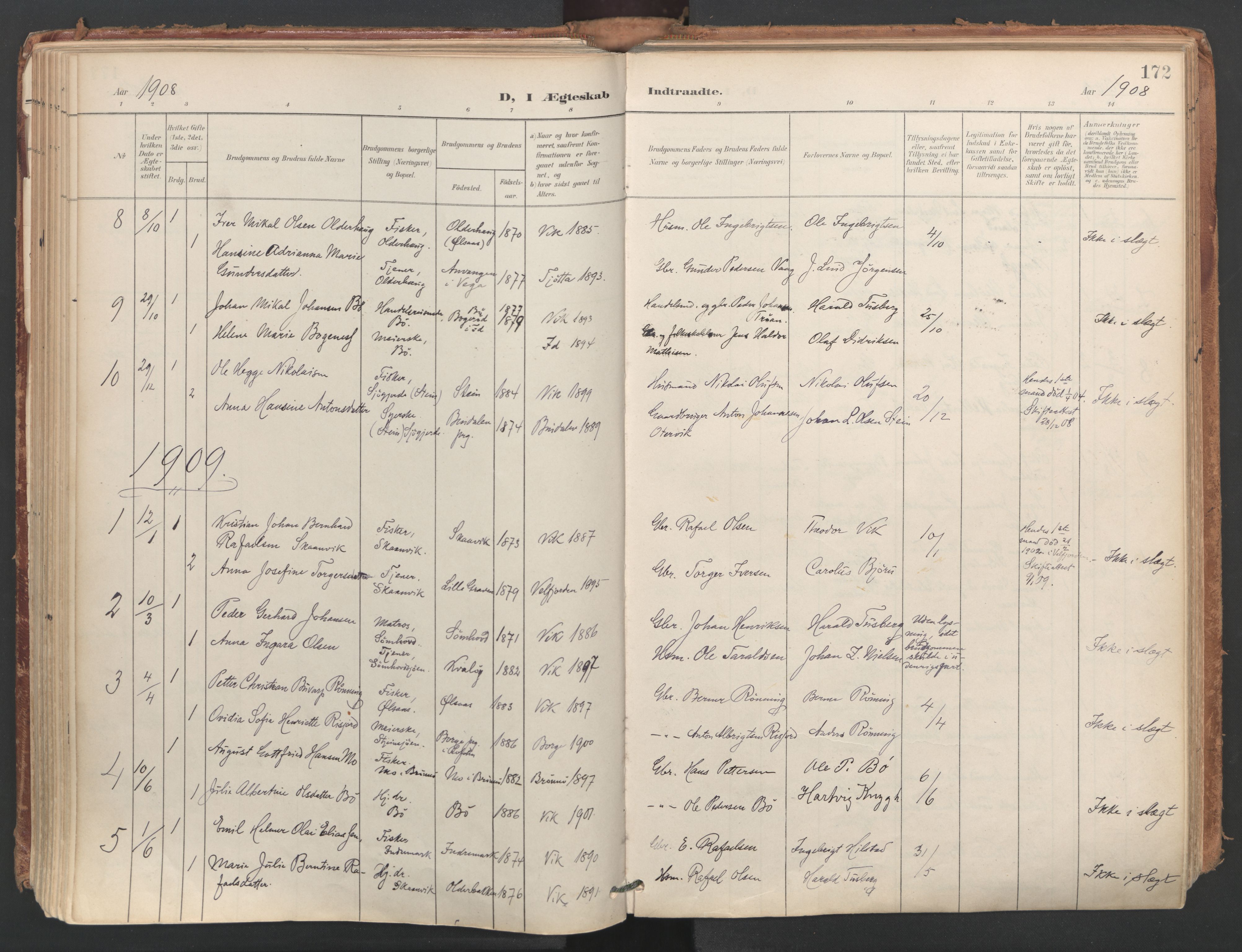 Ministerialprotokoller, klokkerbøker og fødselsregistre - Nordland, SAT/A-1459/812/L0180: Parish register (official) no. 812A09, 1901-1915, p. 172