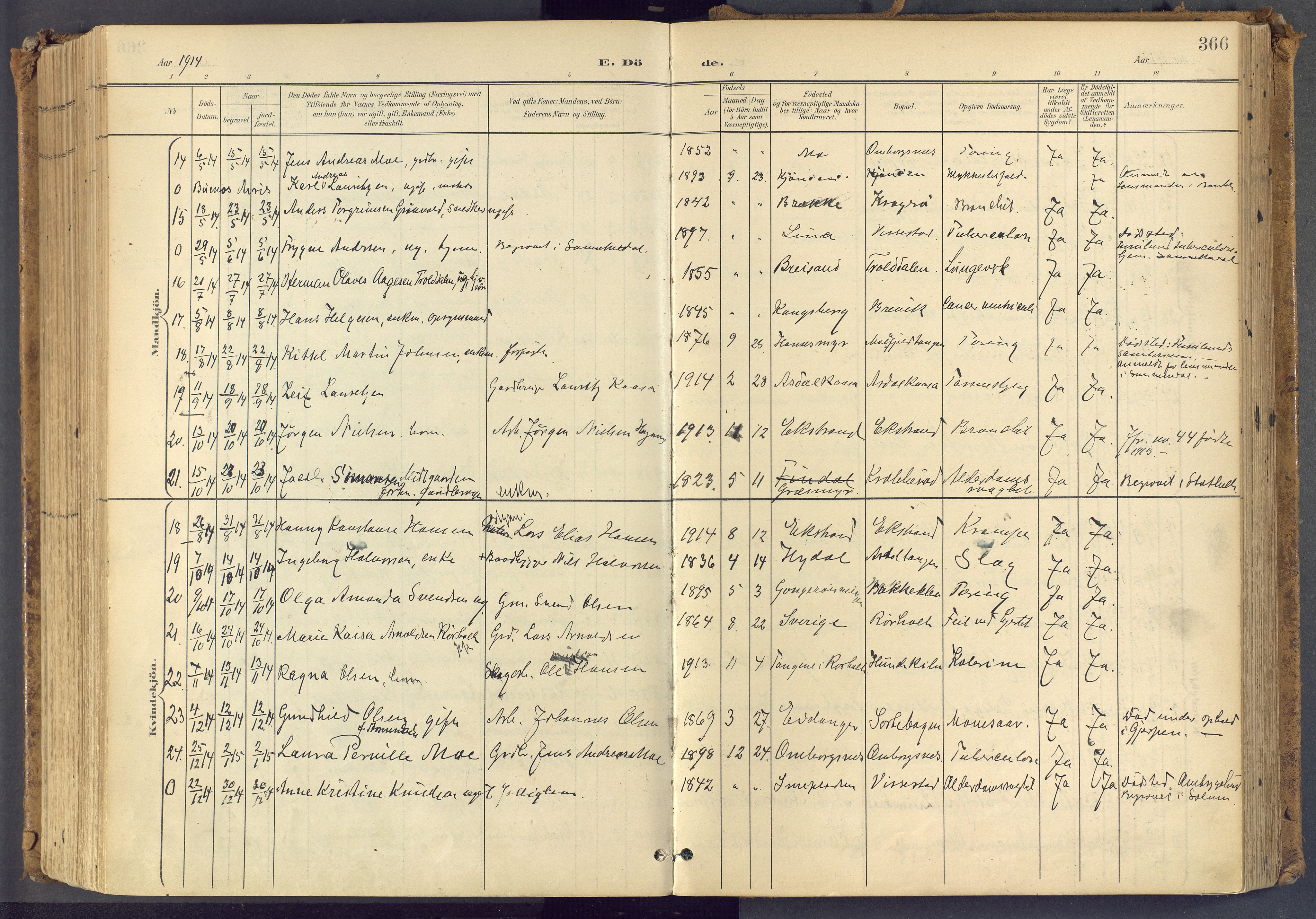 Bamble kirkebøker, SAKO/A-253/F/Fa/L0009: Parish register (official) no. I 9, 1901-1917, p. 366