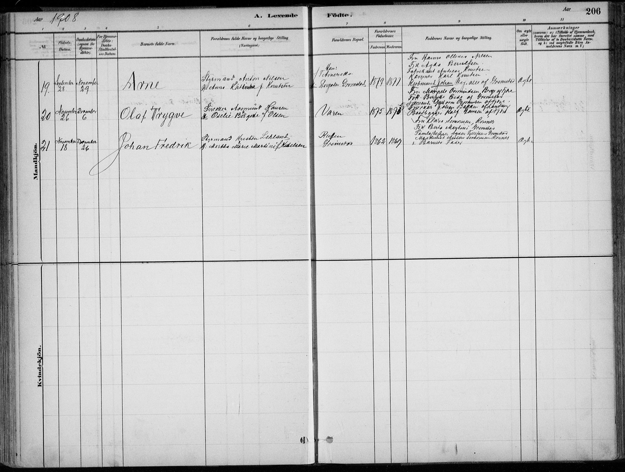 Grimstad sokneprestkontor, SAK/1111-0017/F/Fa/L0003: Parish register (official) no. A 2, 1882-1912, p. 206