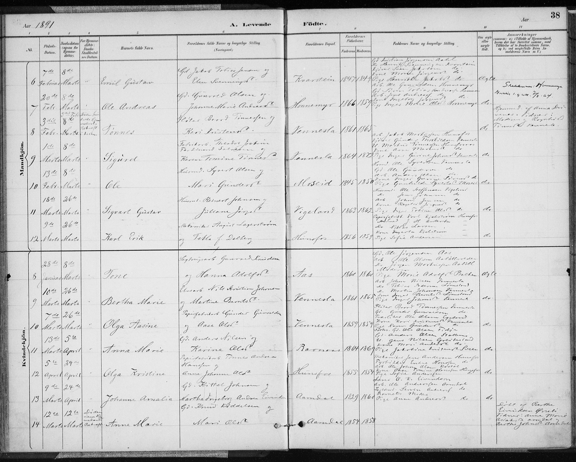 Vennesla sokneprestkontor, AV/SAK-1111-0045/Fa/Fab/L0004: Parish register (official) no. A 4, 1884-1896, p. 38