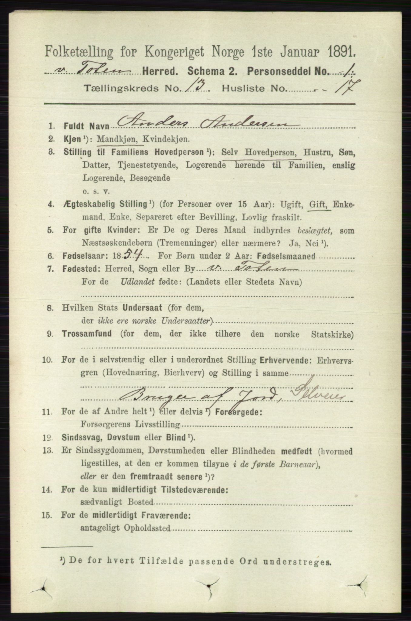 RA, 1891 census for 0529 Vestre Toten, 1891, p. 7891