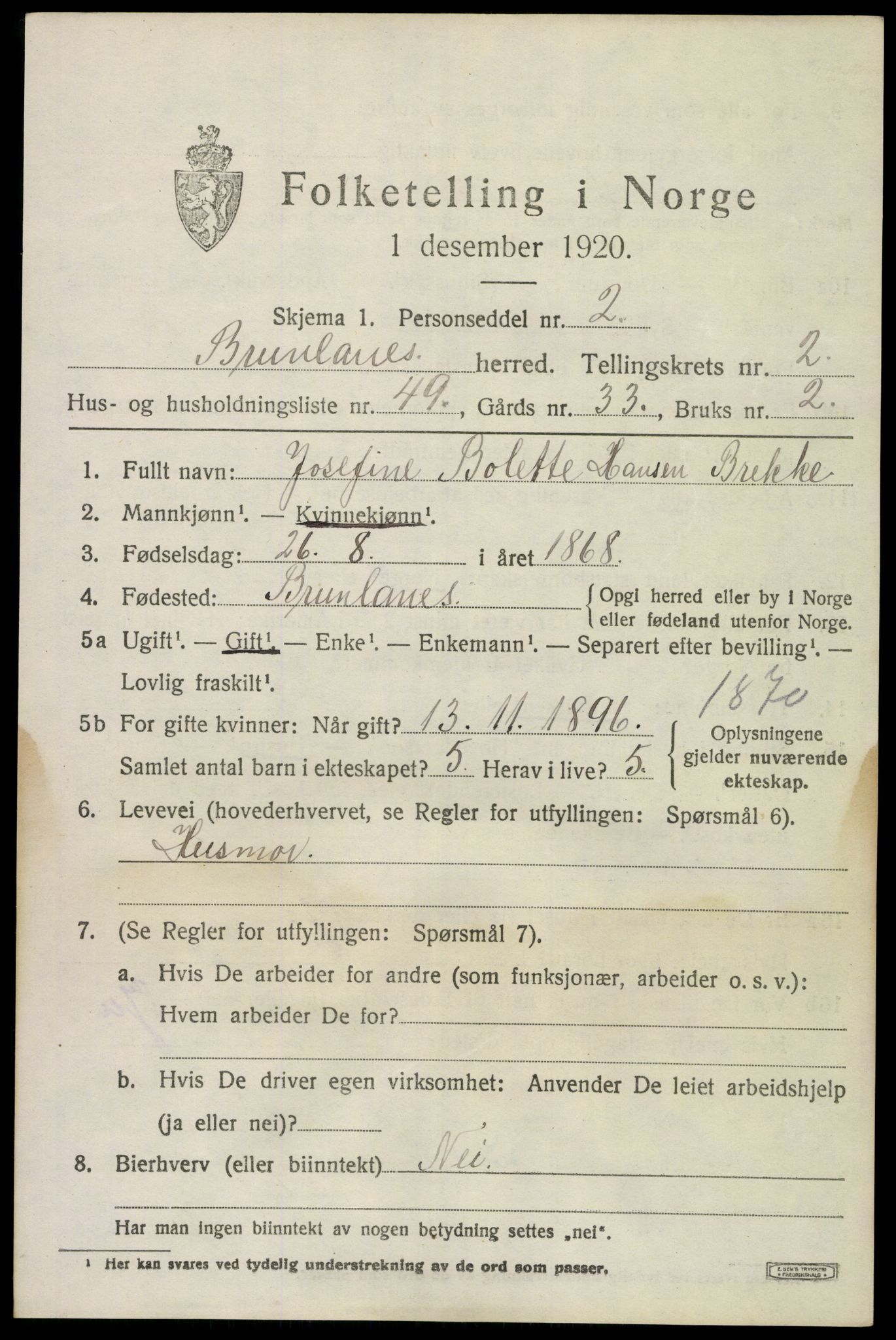 SAKO, 1920 census for Brunlanes, 1920, p. 3823