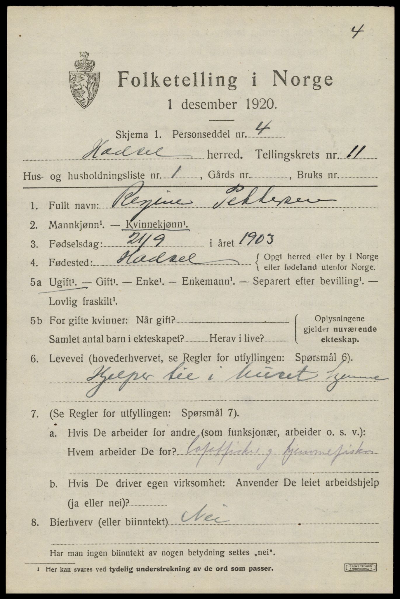 SAT, 1920 census for Hadsel, 1920, p. 8696