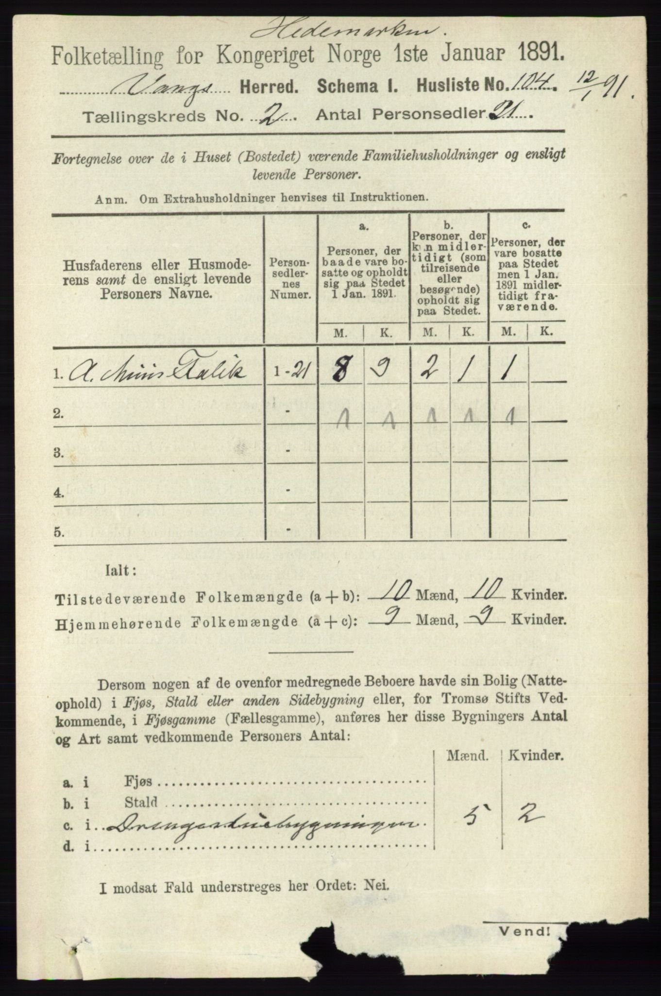 RA, 1891 census for 0414 Vang, 1891, p. 1036