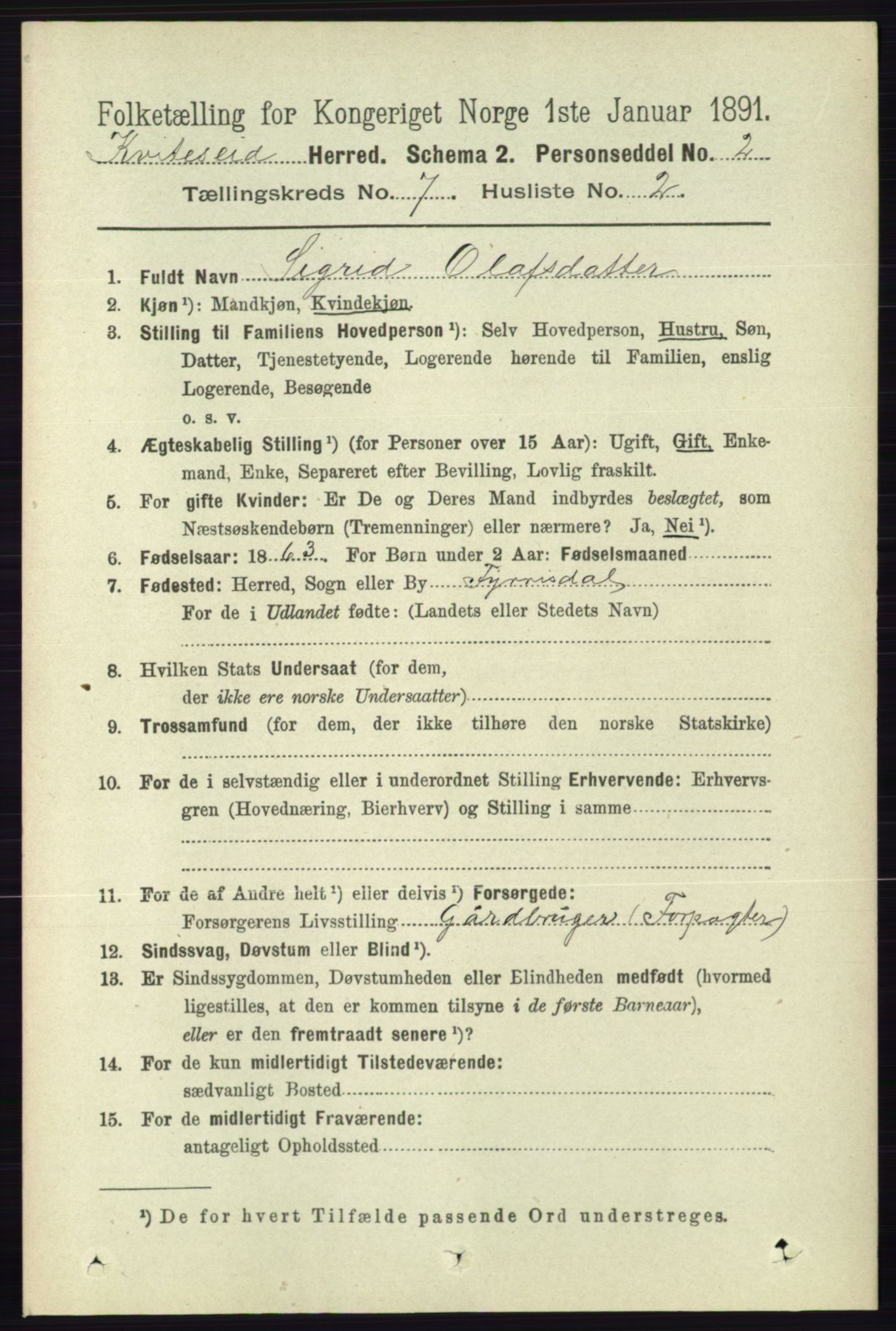 RA, 1891 census for 0829 Kviteseid, 1891, p. 1373