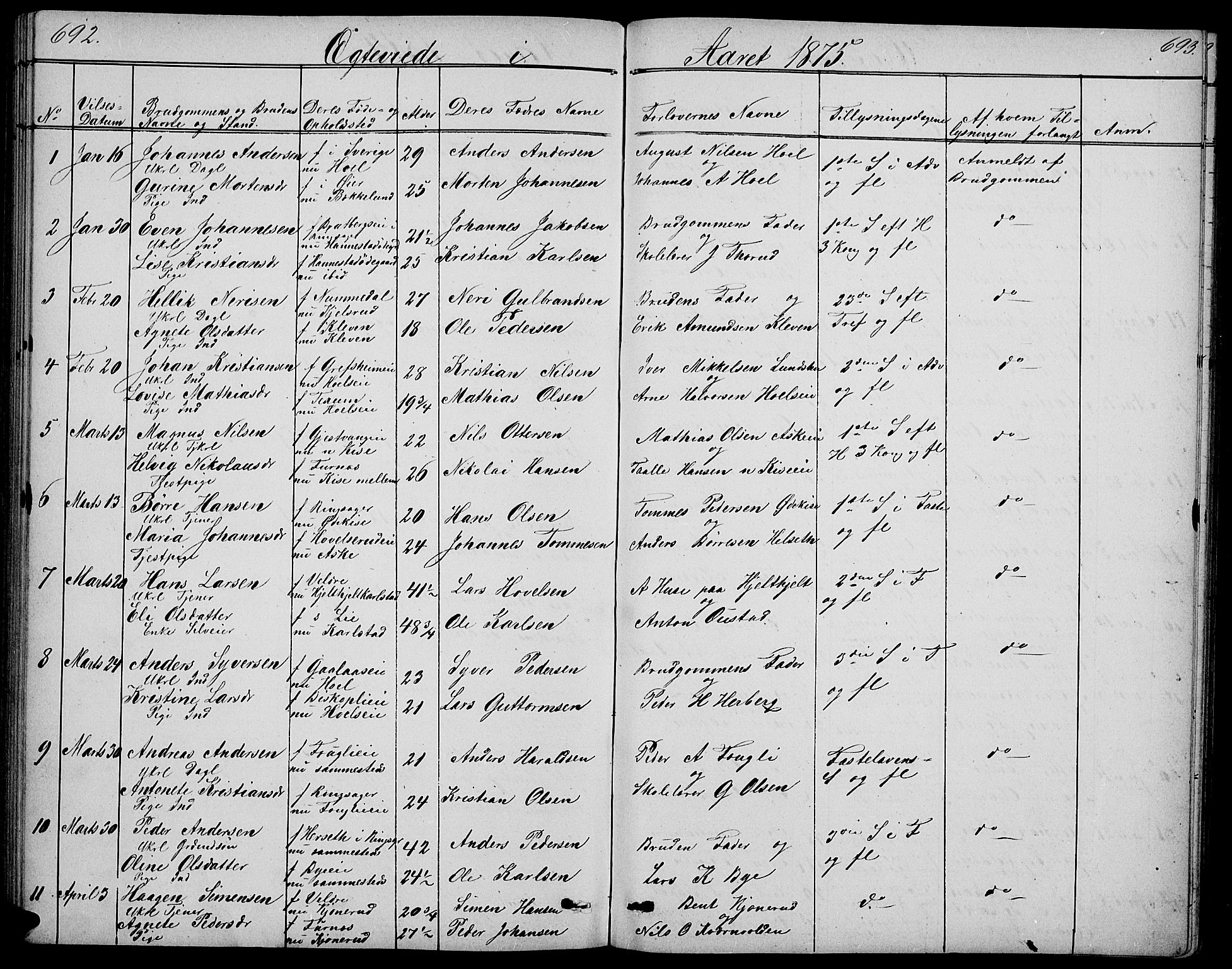 Nes prestekontor, Hedmark, SAH/PREST-020/L/La/L0005: Parish register (copy) no. 5, 1852-1889, p. 692-693