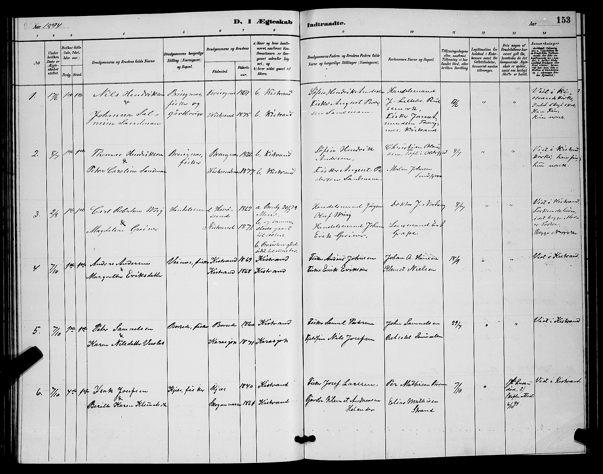 Kistrand/Porsanger sokneprestembete, SATØ/S-1351/H/Hb/L0004.klokk: Parish register (copy) no. 4, 1885-1894, p. 153