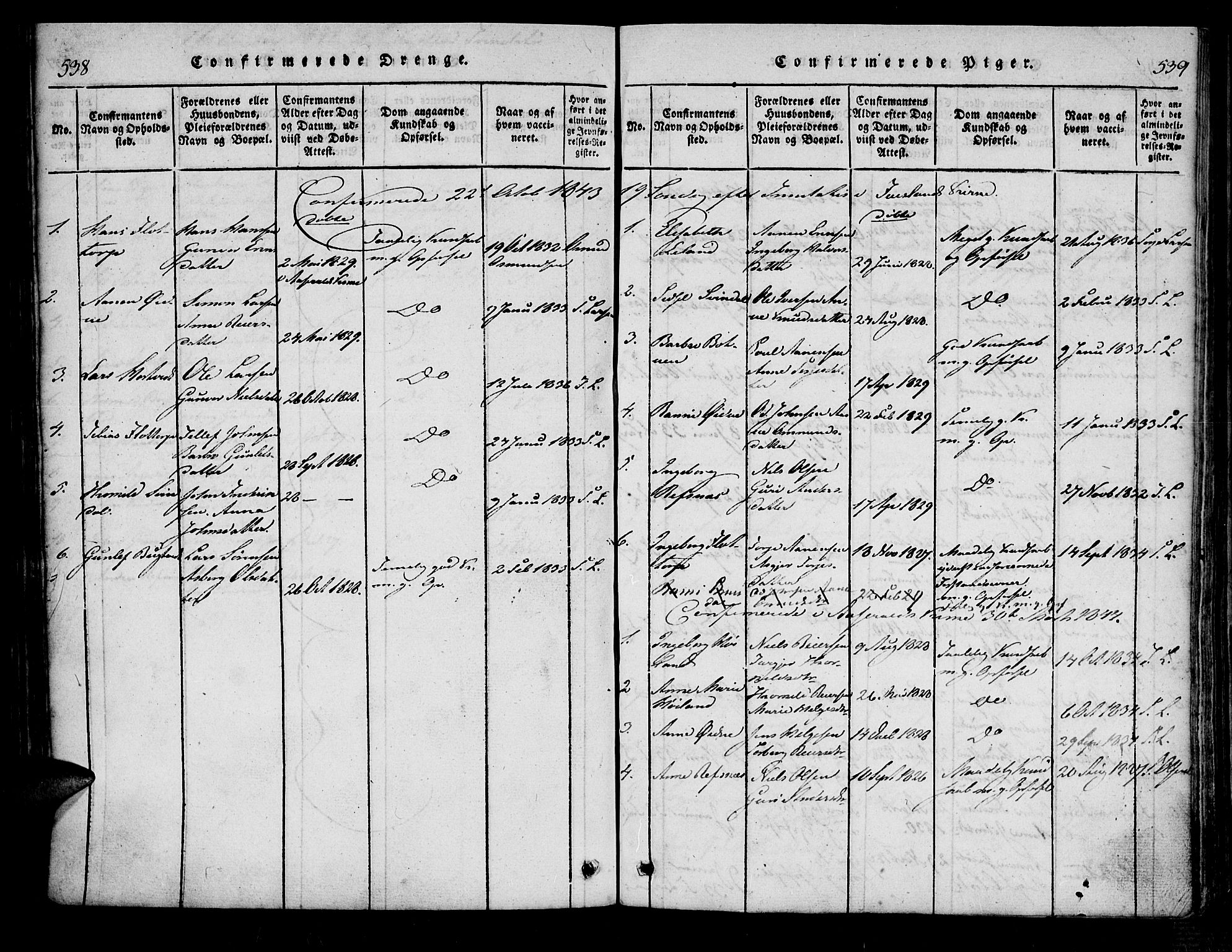 Bjelland sokneprestkontor, SAK/1111-0005/F/Fa/Fac/L0001: Parish register (official) no. A 1, 1815-1866, p. 538-539