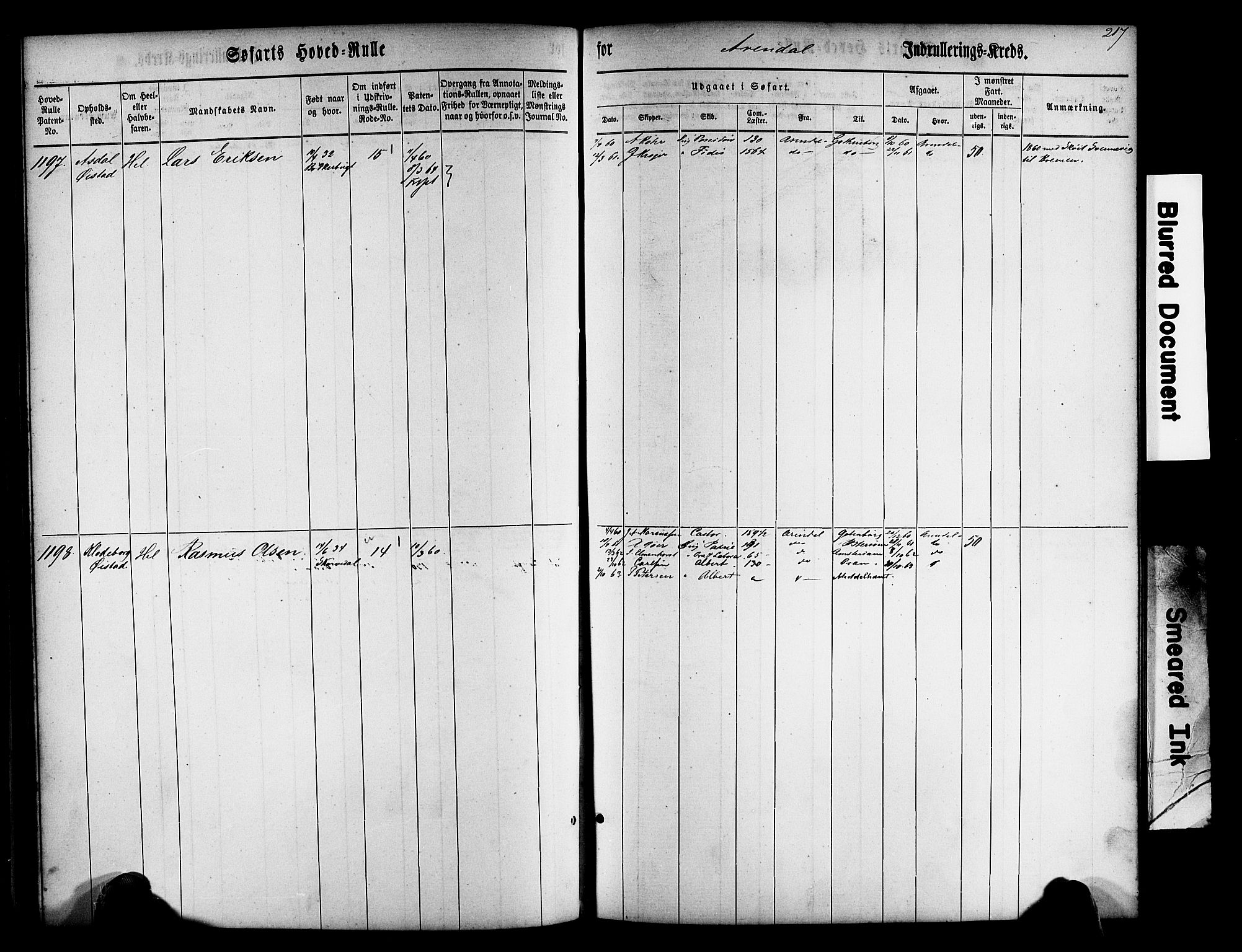 Arendal mønstringskrets, SAK/2031-0012/F/Fb/L0009: Hovedrulle nr 767-1532, S-7, 1857-1864, p. 219