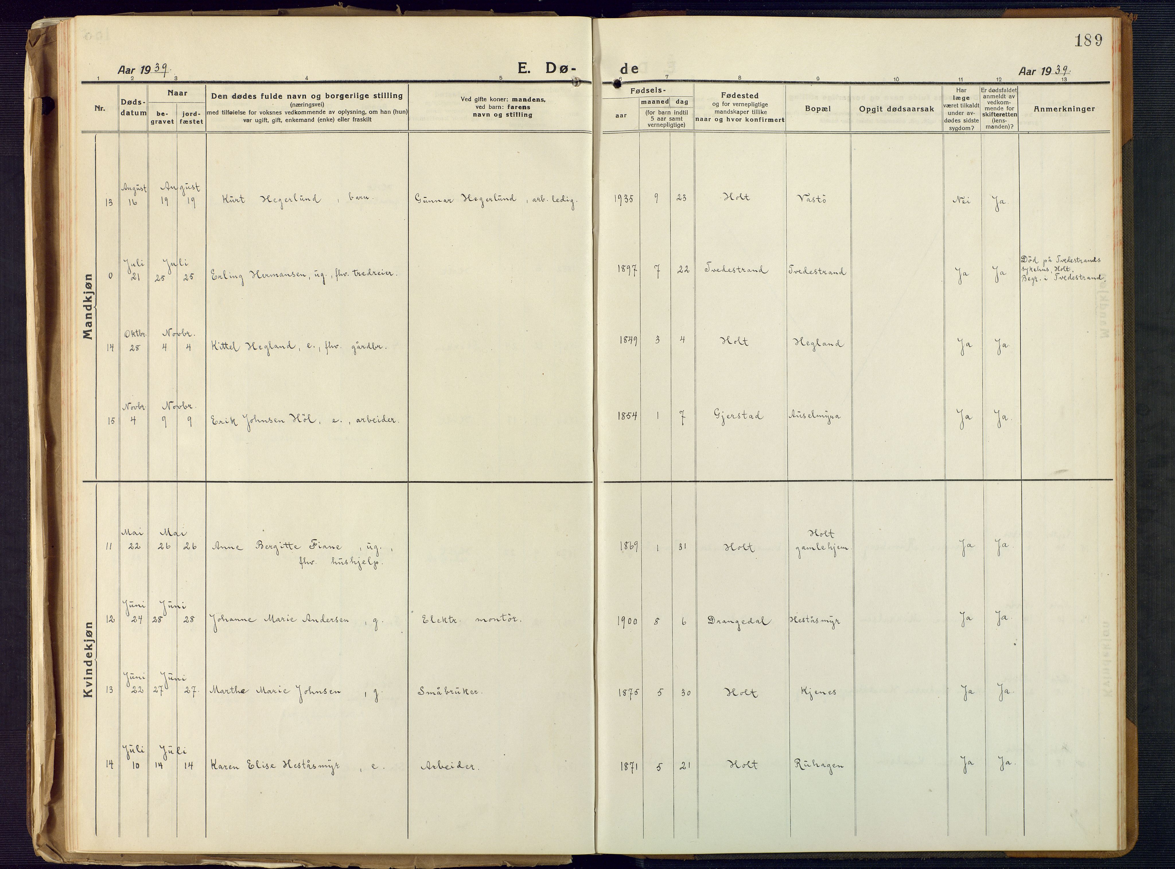 Holt sokneprestkontor, SAK/1111-0021/F/Fb/L0012: Parish register (copy) no. B 12, 1919-1944, p. 189